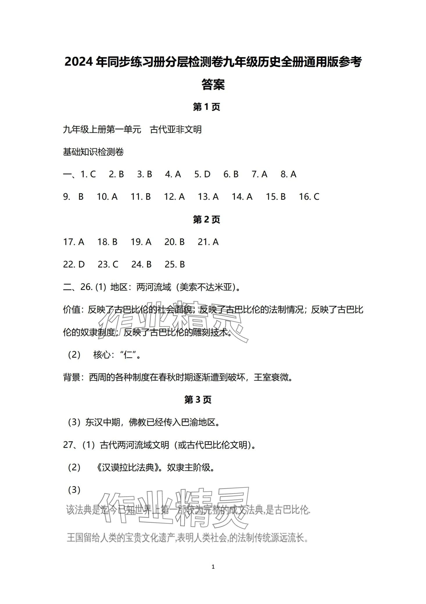 2024年同步練習(xí)冊分層檢測卷九年級歷史全一冊 第1頁