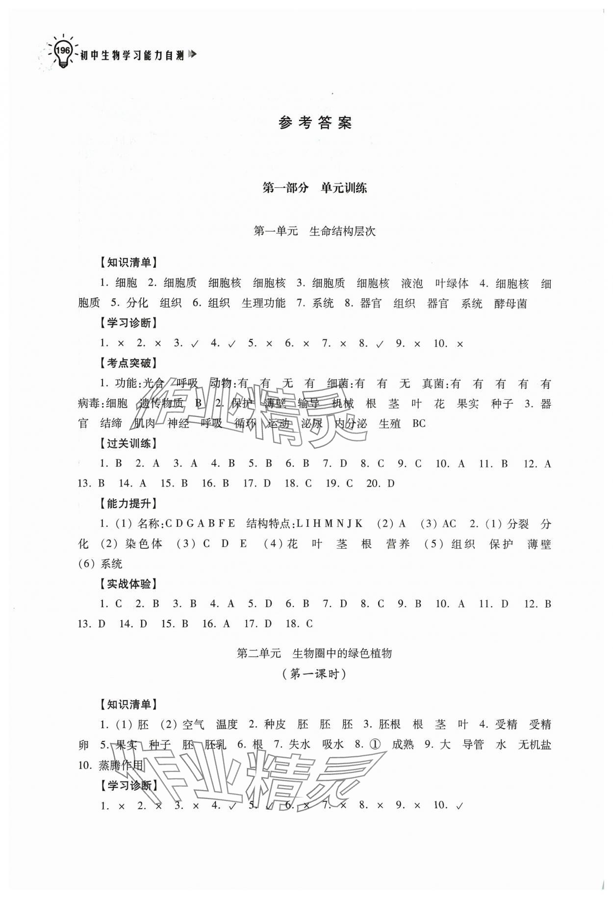 2024年初中生物学习能力自测 参考答案第1页