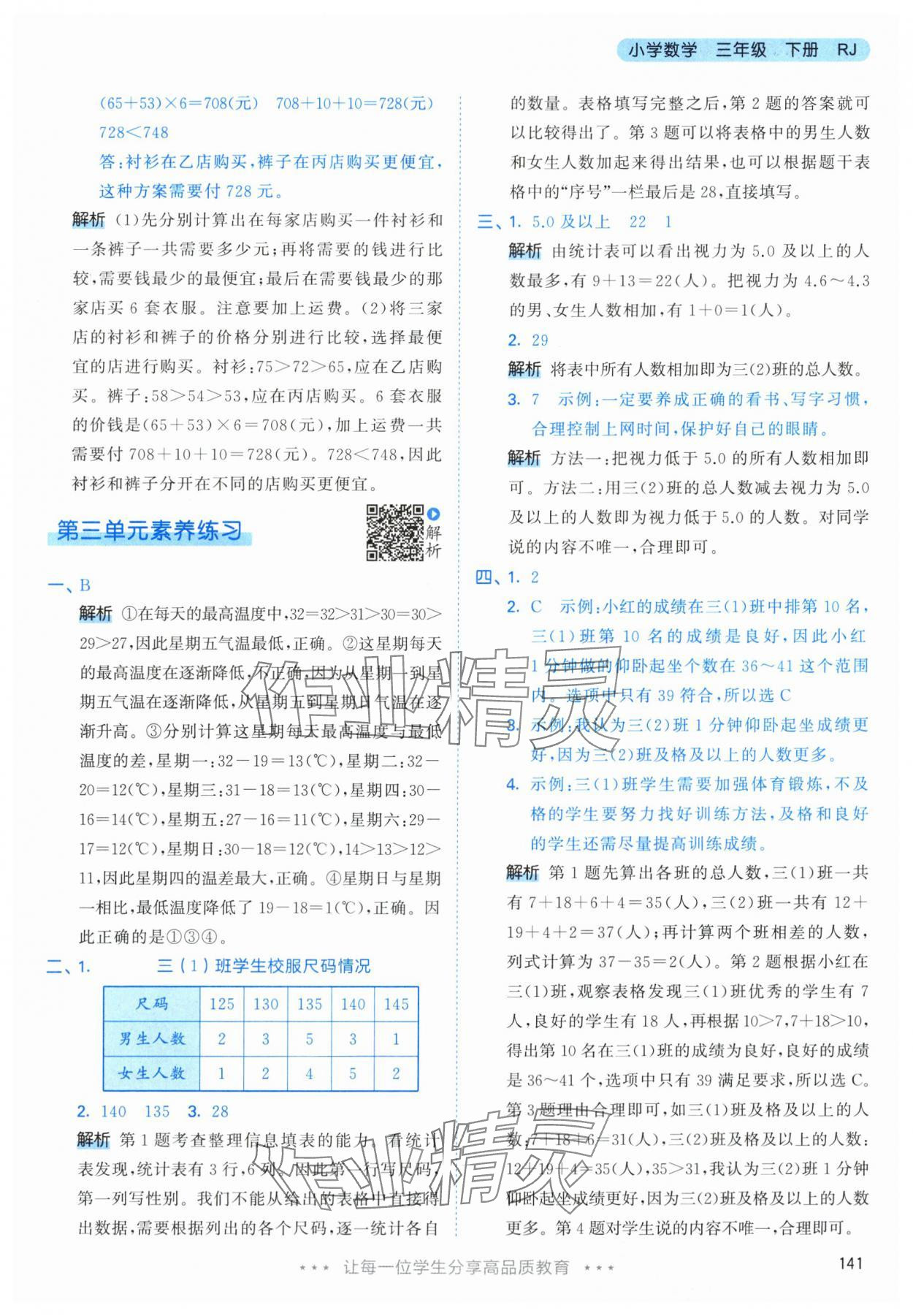 2024年53天天練三年級數(shù)學(xué)下冊人教版 參考答案第17頁