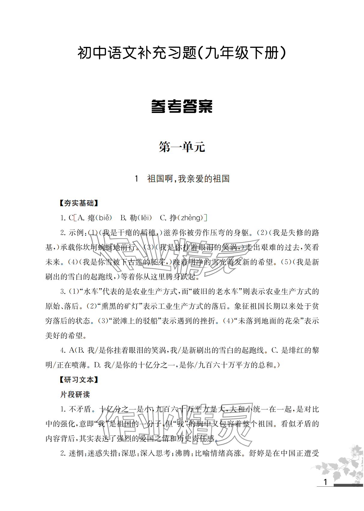 2024年补充习题江苏九年级语文下册人教版 参考答案第1页