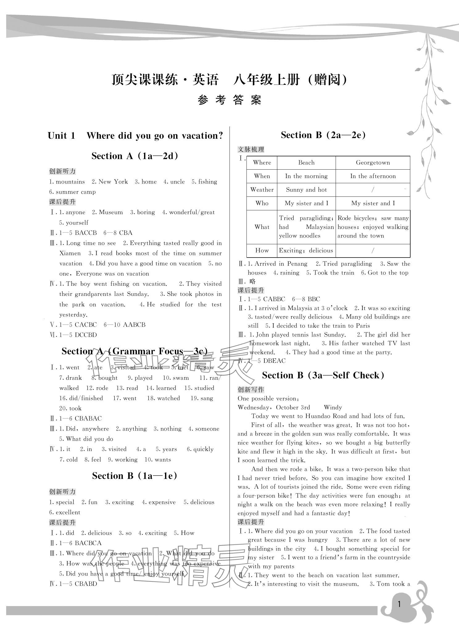 2024年頂尖課課練八年級英語上冊人教版 參考答案第1頁