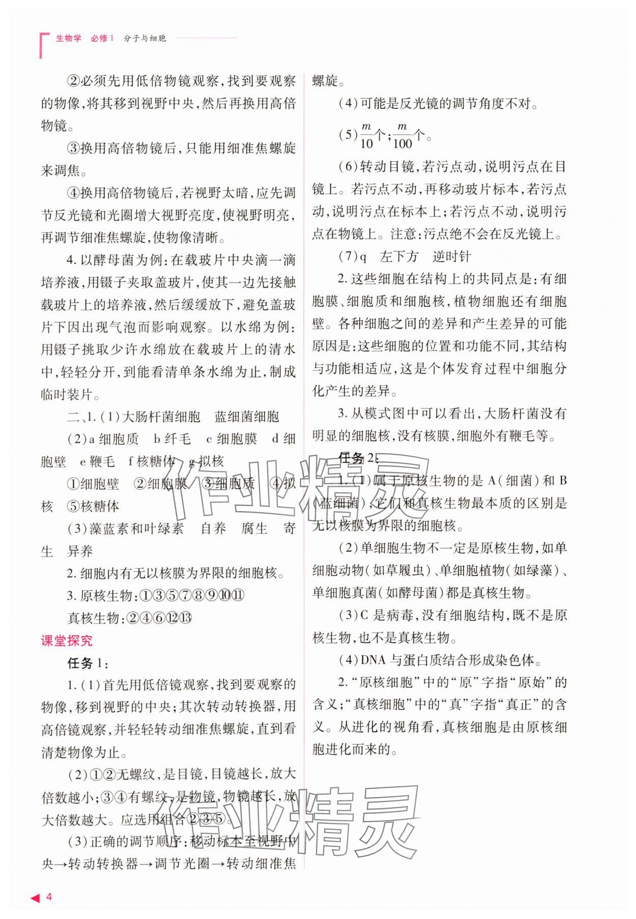 2023年普通高中新課程同步練習(xí)冊高中生物必修1人教版 參考答案第4頁