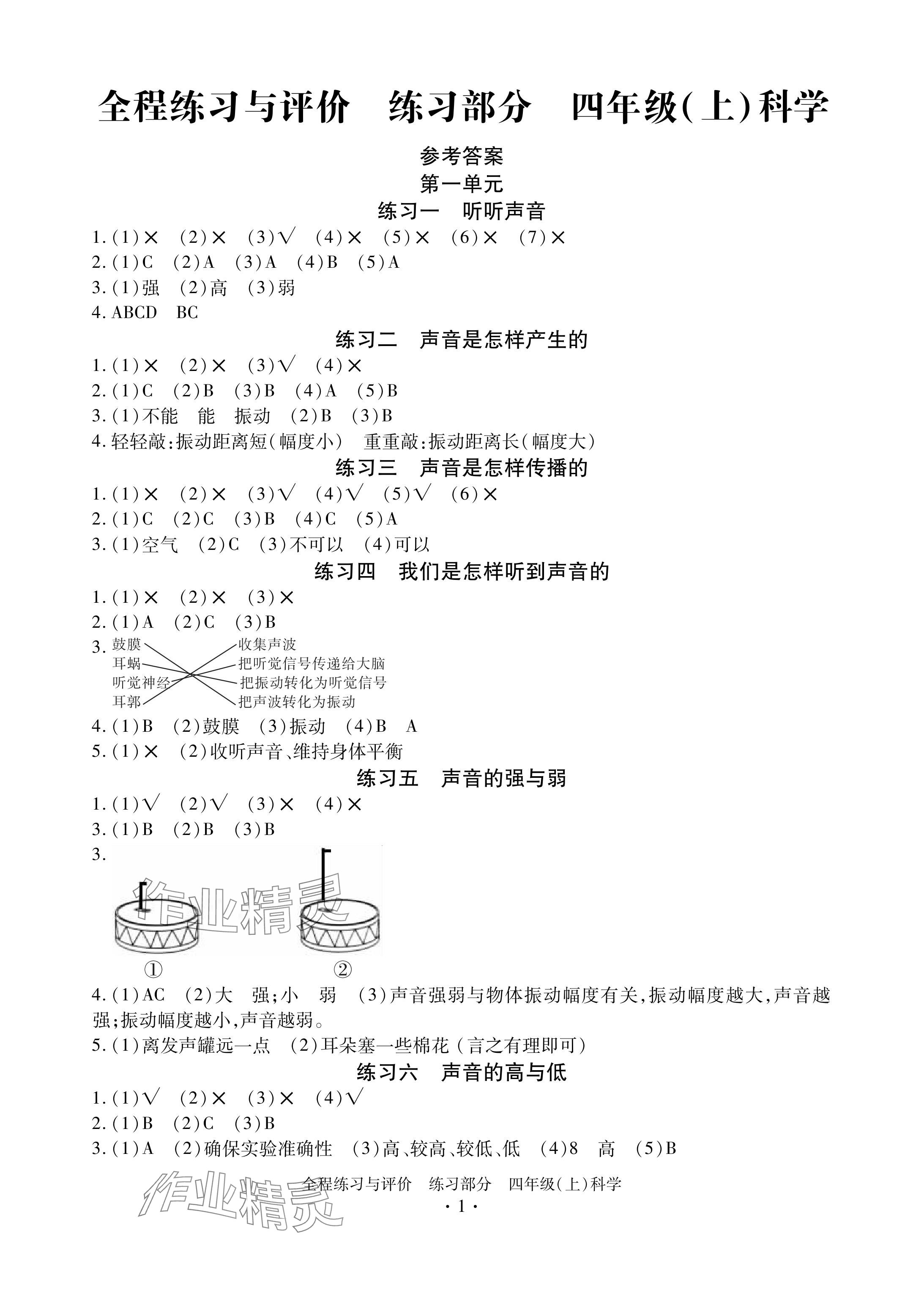 2024年全程練習(xí)與評(píng)價(jià)四年級(jí)科學(xué)上冊(cè)教科版 參考答案第1頁