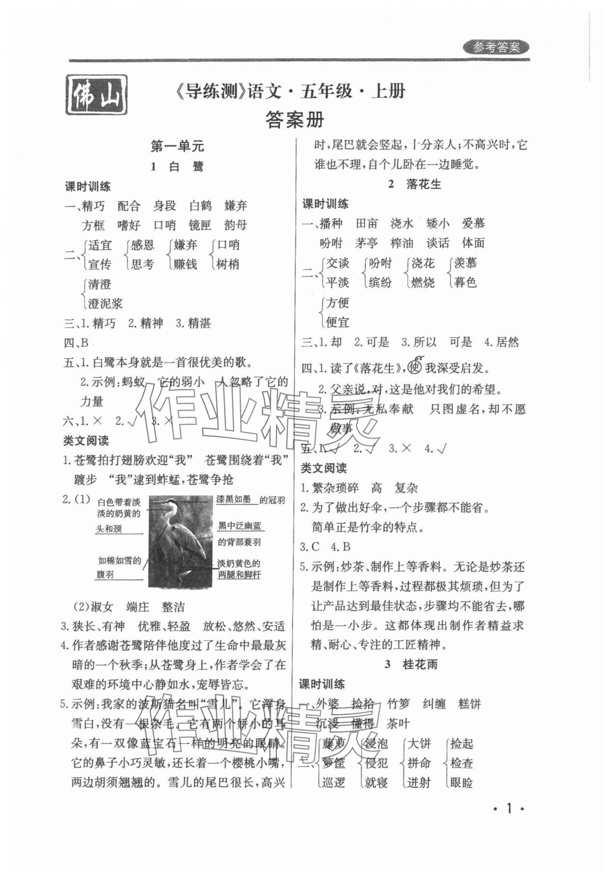 2024年狀元坊全程突破導(dǎo)練測五年級語文上冊人教版佛山專版 參考答案第1頁