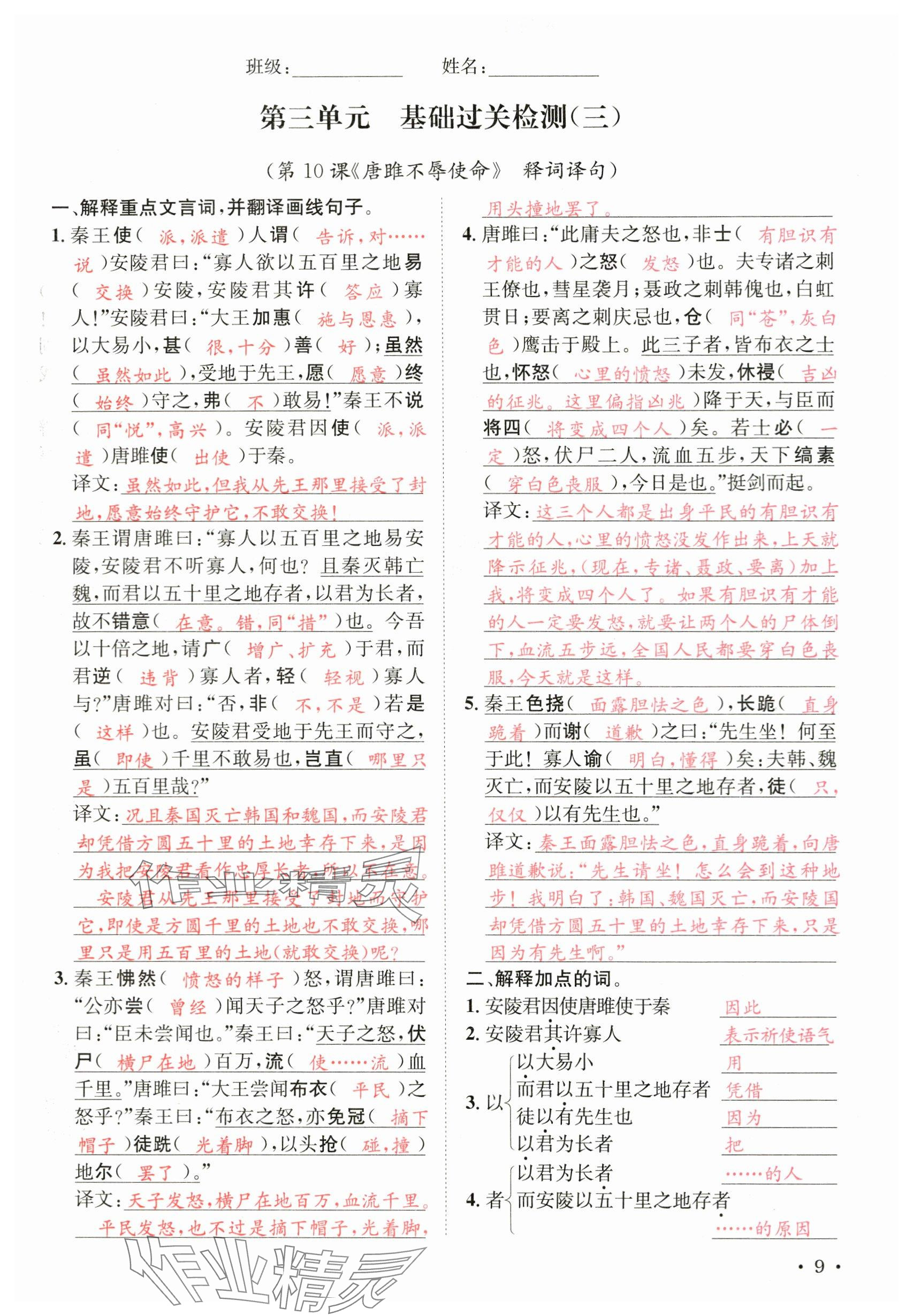 2024年蓉城学霸九年级语文下册人教版 参考答案第9页