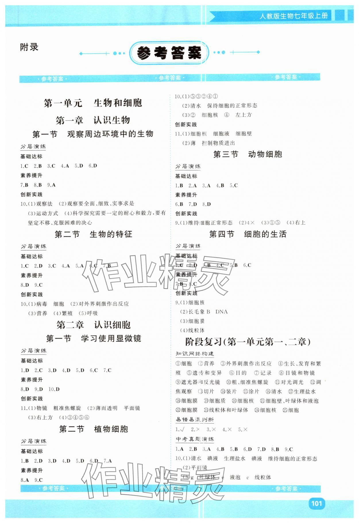 2024年同步實踐評價課程基礎訓練七年級生物上冊人教版 第1頁