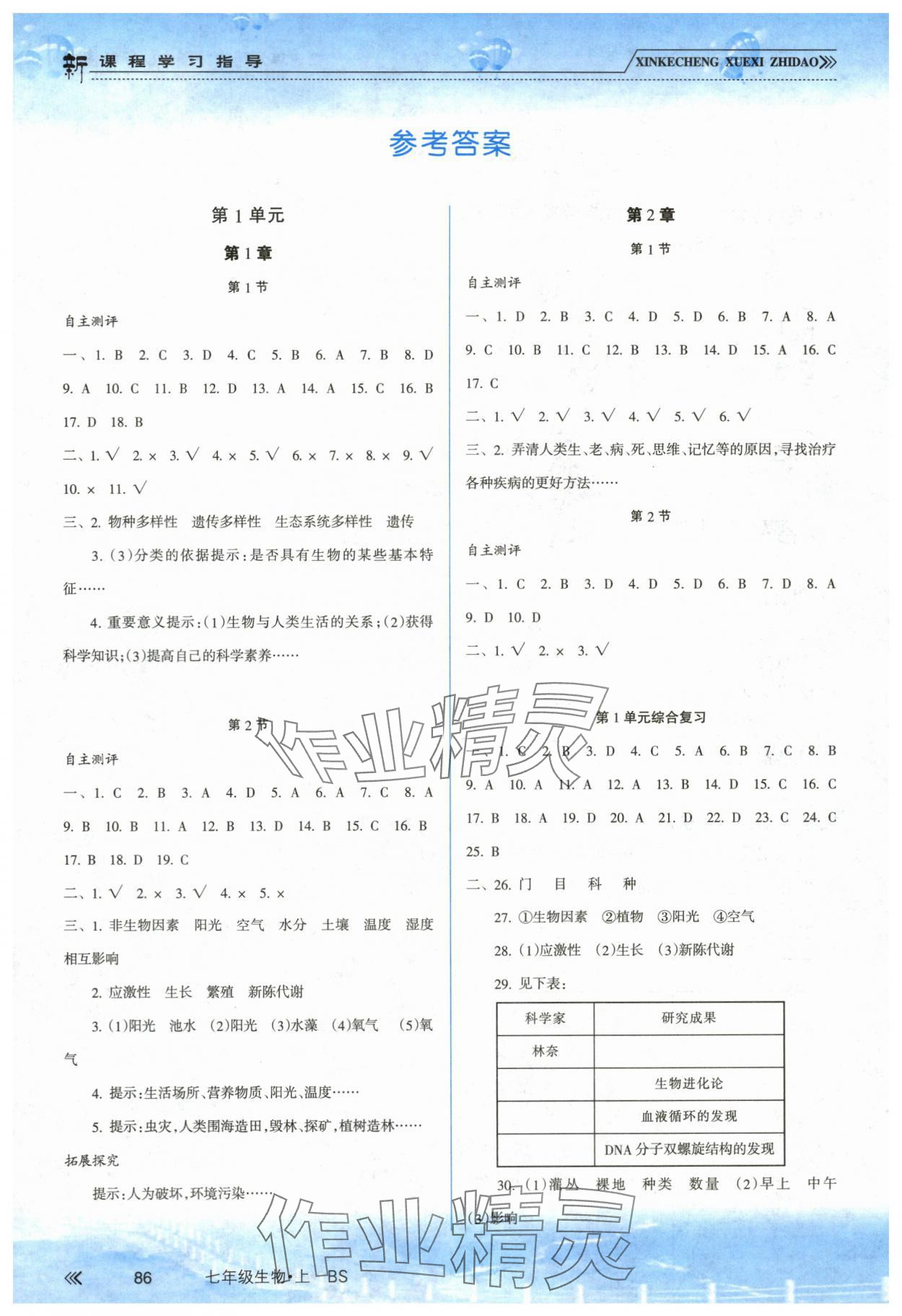 2023年新课程学习指导南方出版社七年级生物上册北师大版 参考答案第1页