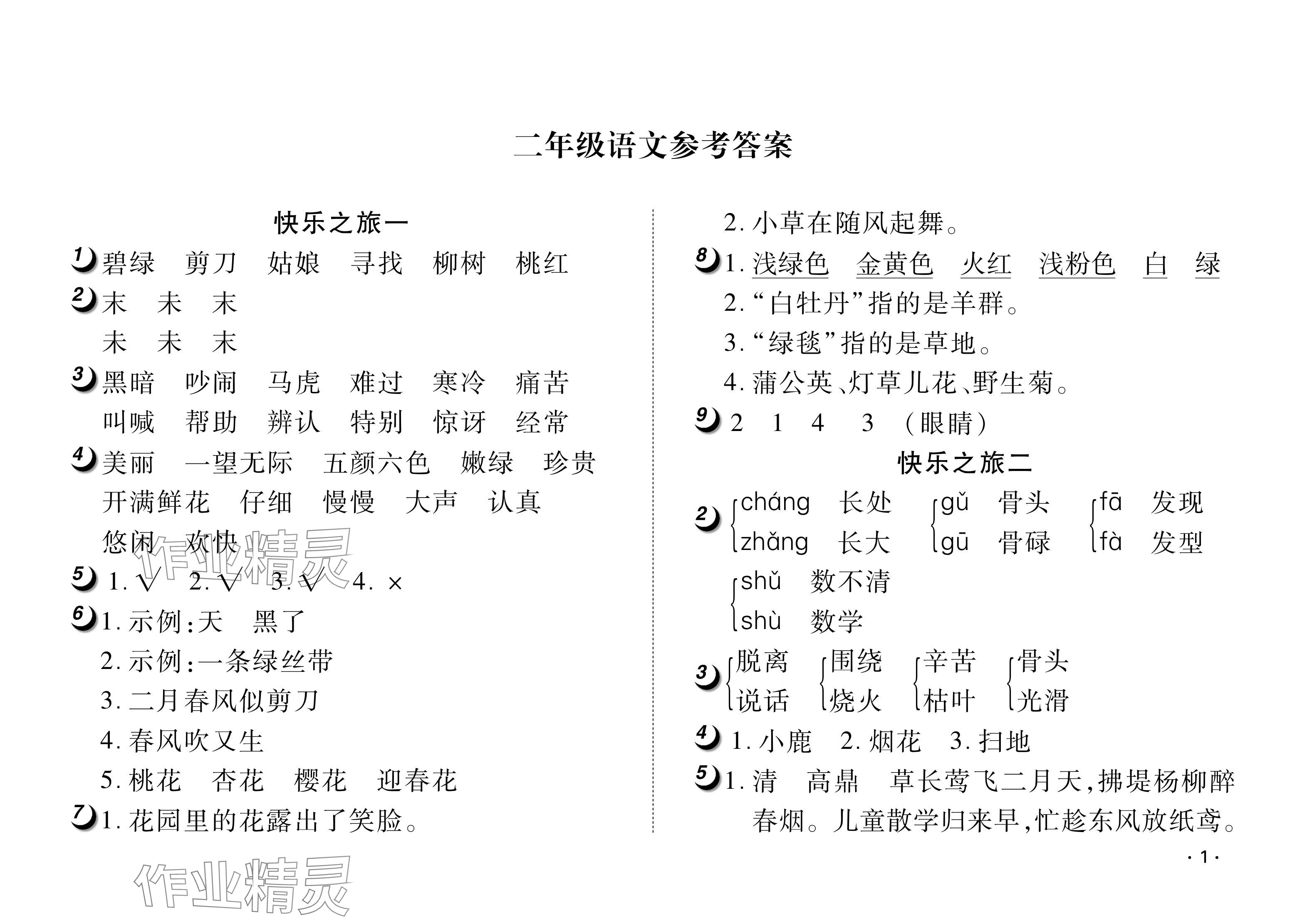 2024年Happy暑假作業(yè)快樂暑假武漢大學(xué)出版社二年級語文人教版 參考答案第1頁