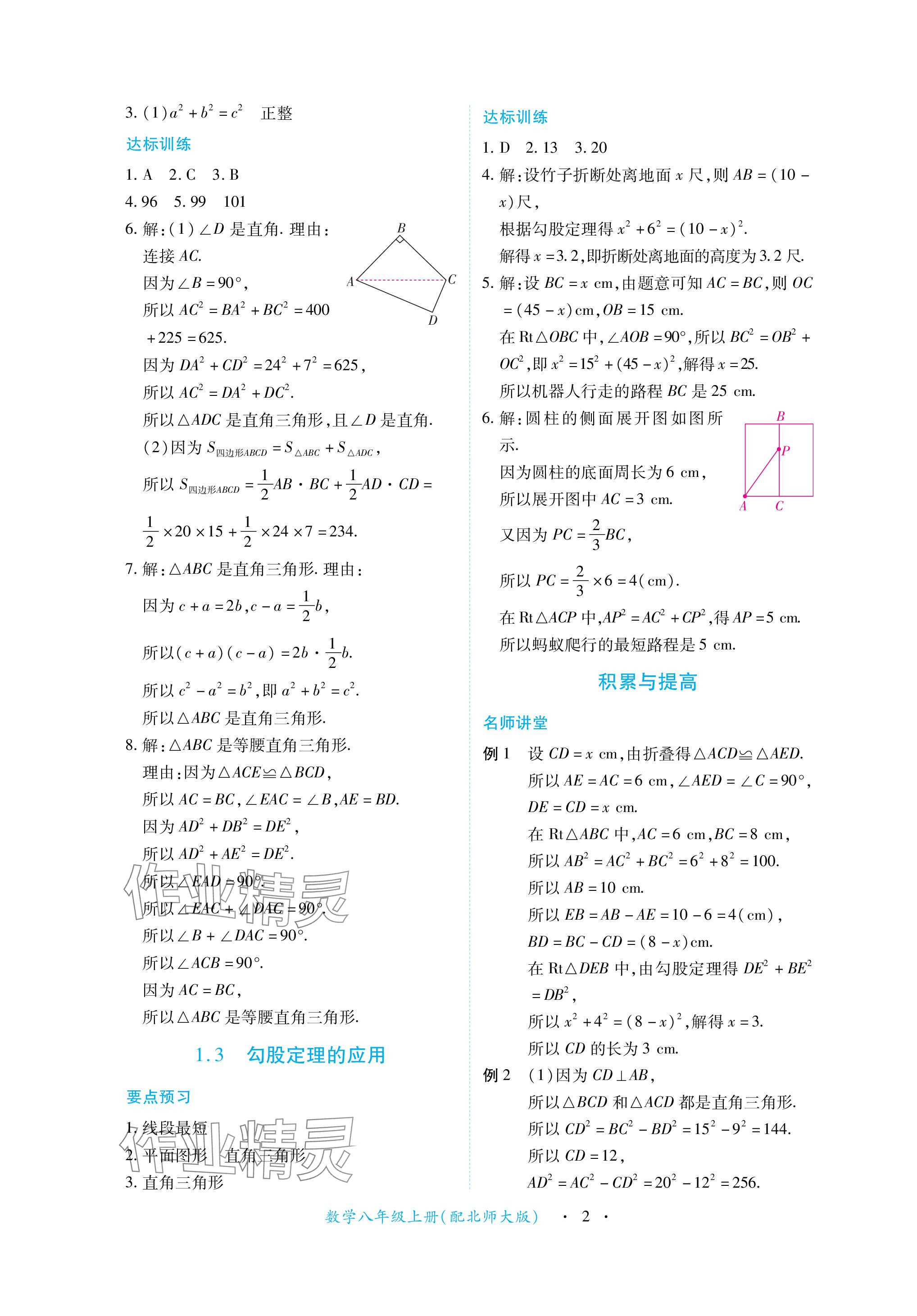 2023年一課一練創(chuàng)新練習(xí)八年級數(shù)學(xué)上冊北師大版 參考答案第2頁