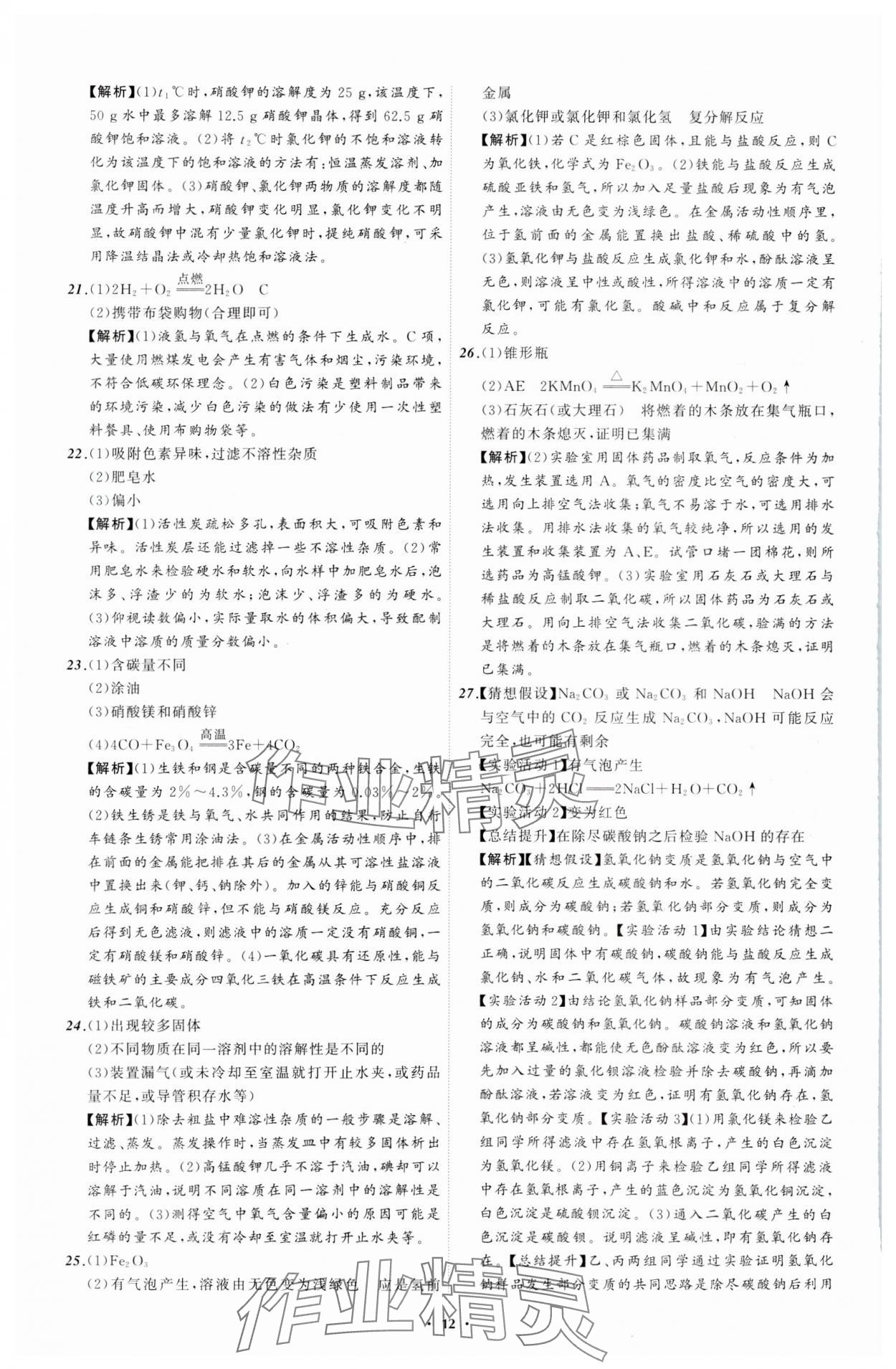 2024年中考必備遼寧師范大學(xué)出版社化學(xué)遼寧專版 參考答案第12頁