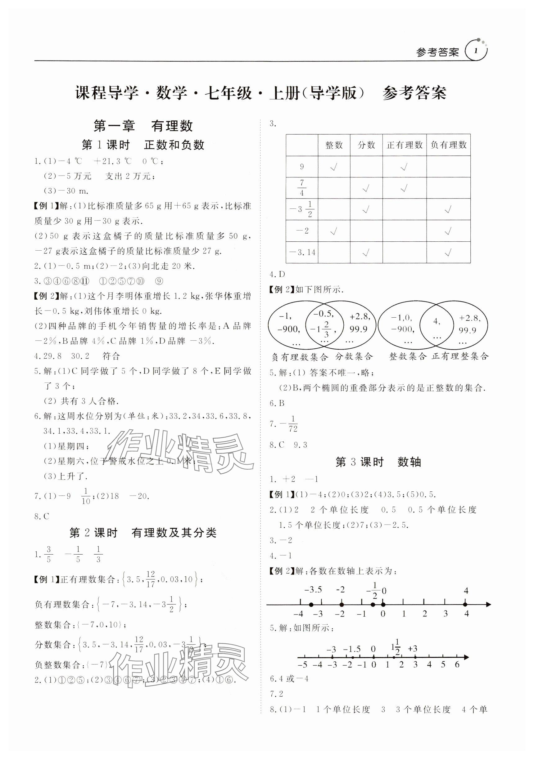 2024年课程导学七年级数学上册人教版 参考答案第1页