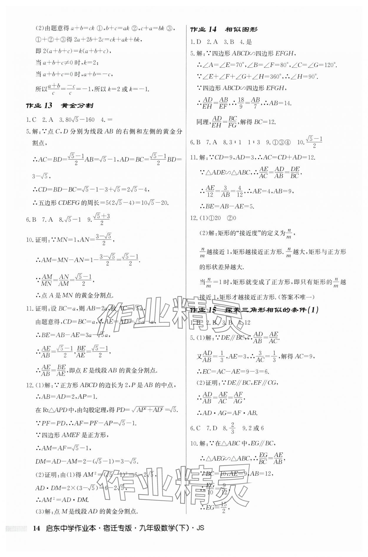 2024年啟東中學(xué)作業(yè)本九年級(jí)數(shù)學(xué)下冊(cè)蘇科版宿遷專版 第14頁(yè)