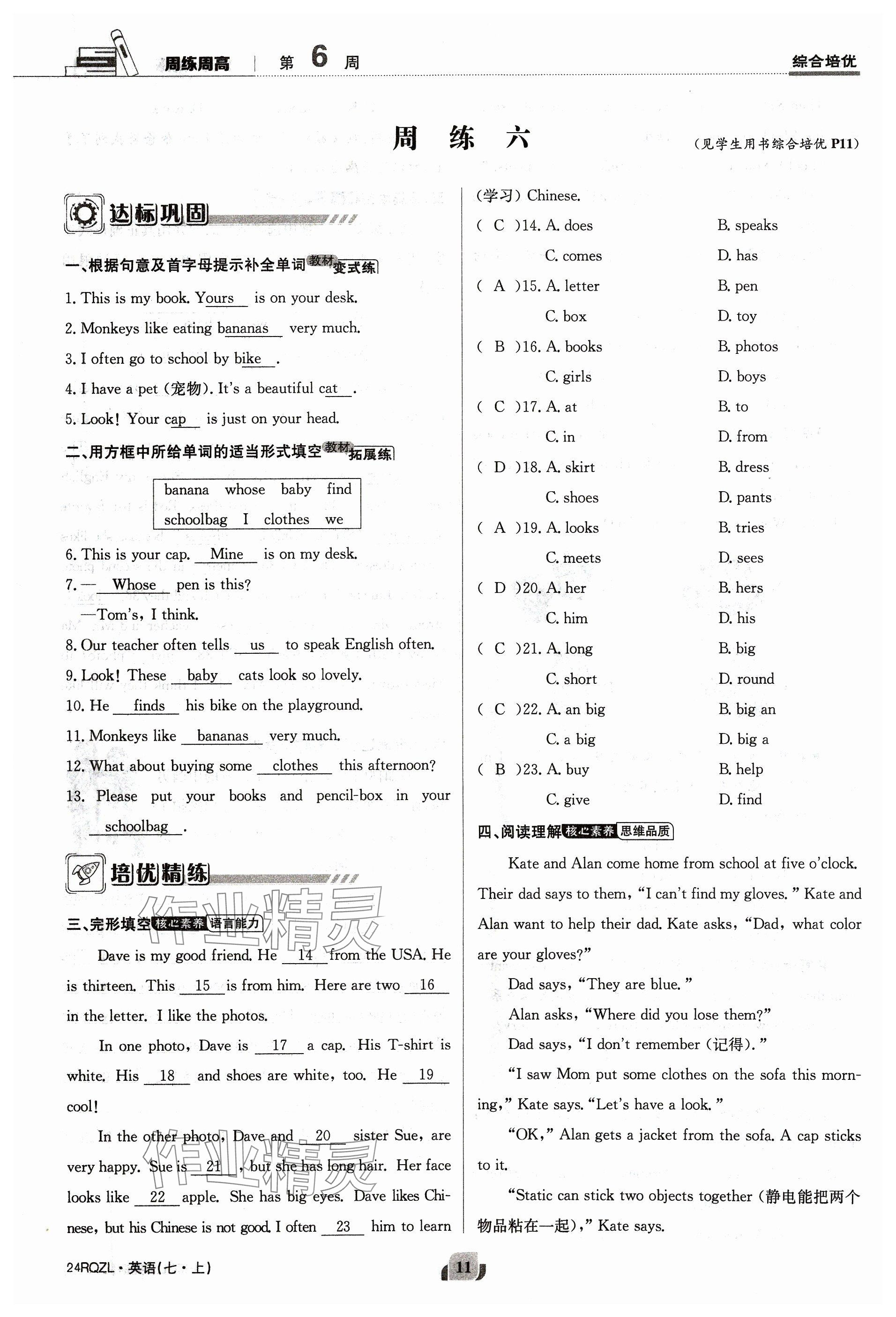 2023年日清周練七年級(jí)英語(yǔ)上冊(cè)仁愛(ài)版 參考答案第11頁(yè)