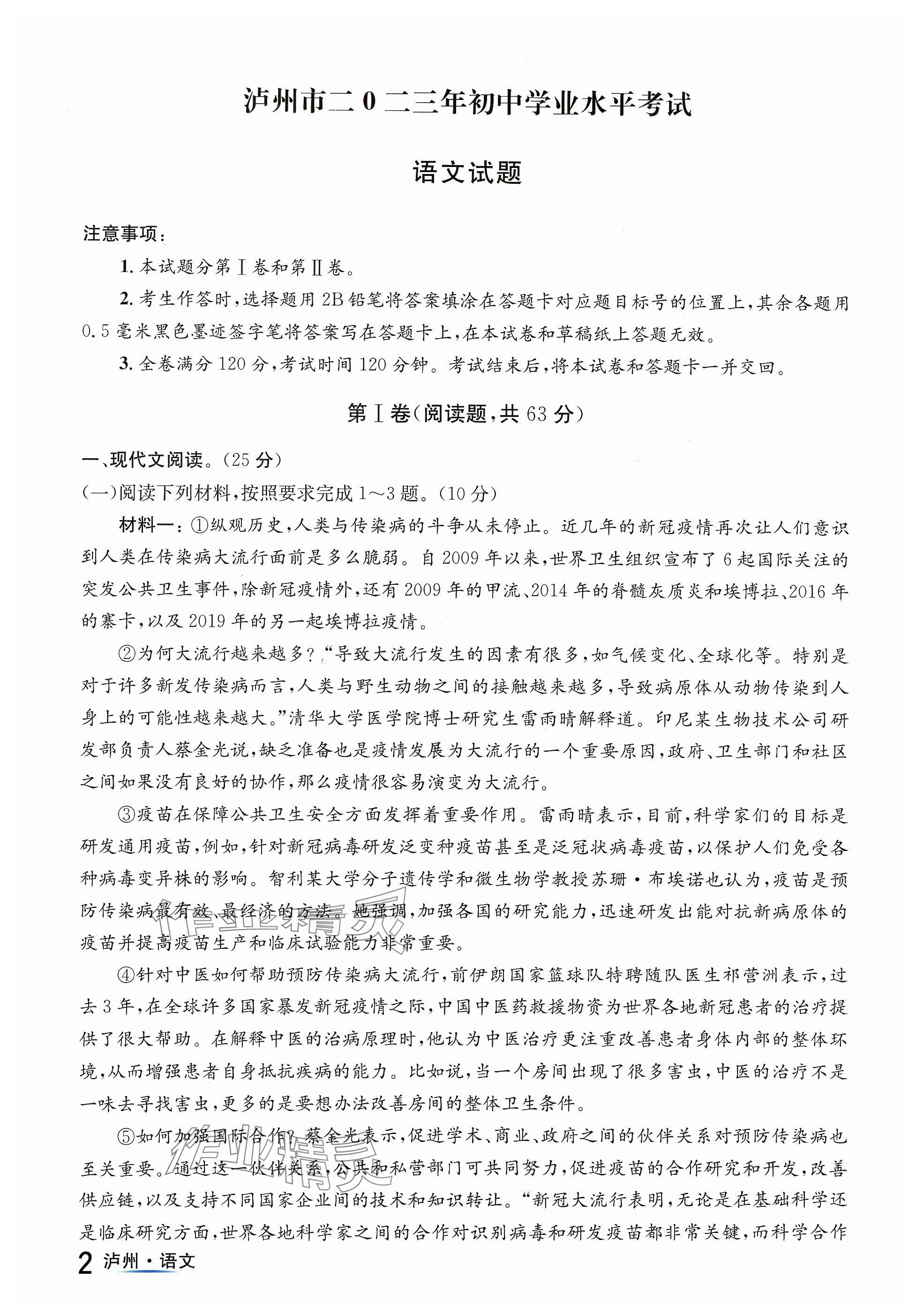 2024年国华考试中考总动员语文泸州专版 参考答案第2页