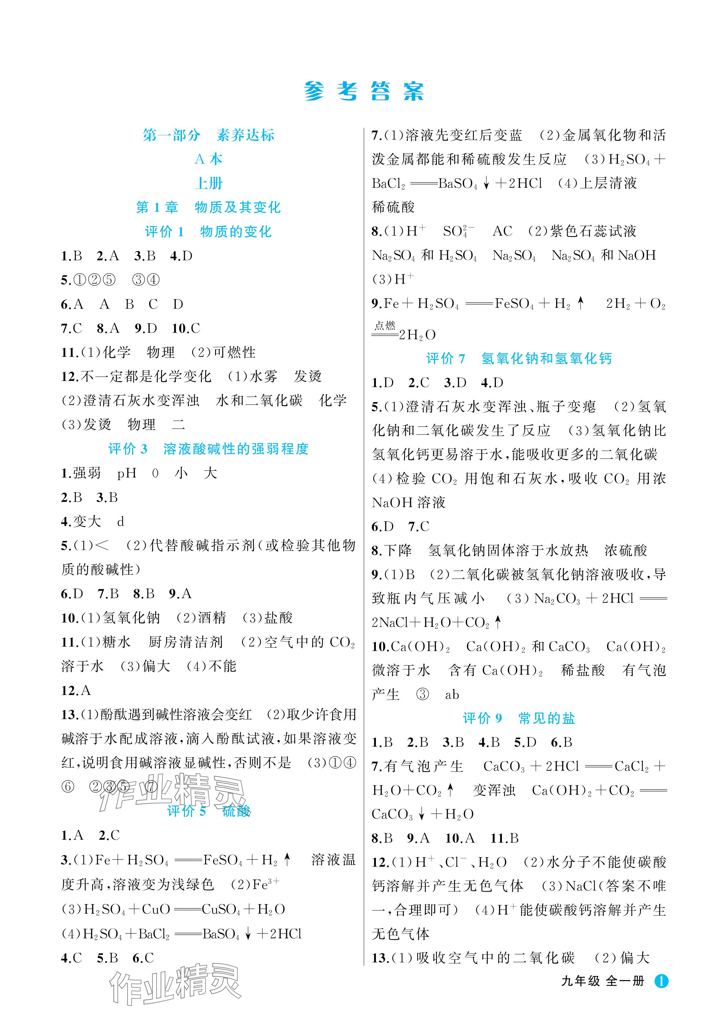 2024年名师面对面学科素养评价九年级科学全一册浙教版 参考答案第1页