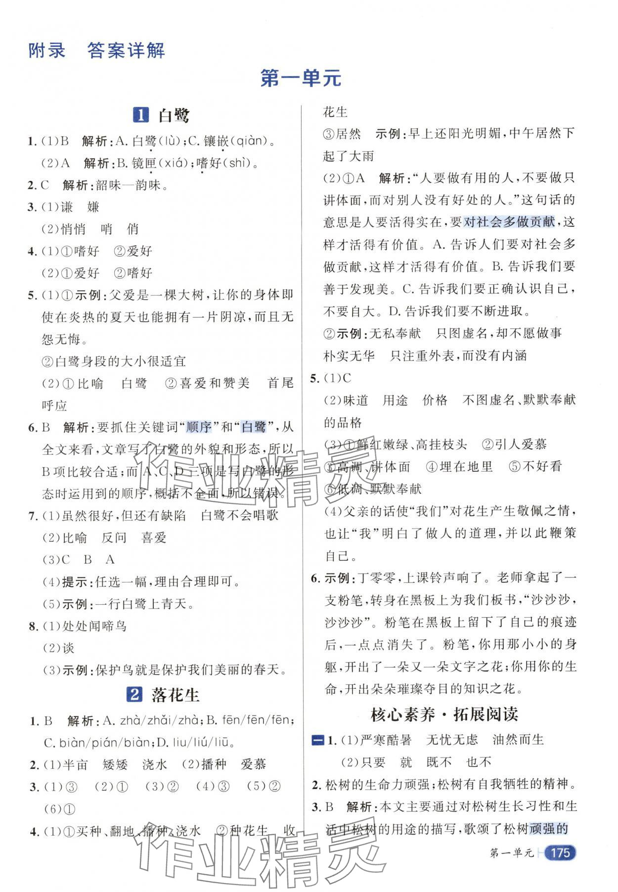 2024年核心素养天天练五年级语文上册人教版 参考答案第1页