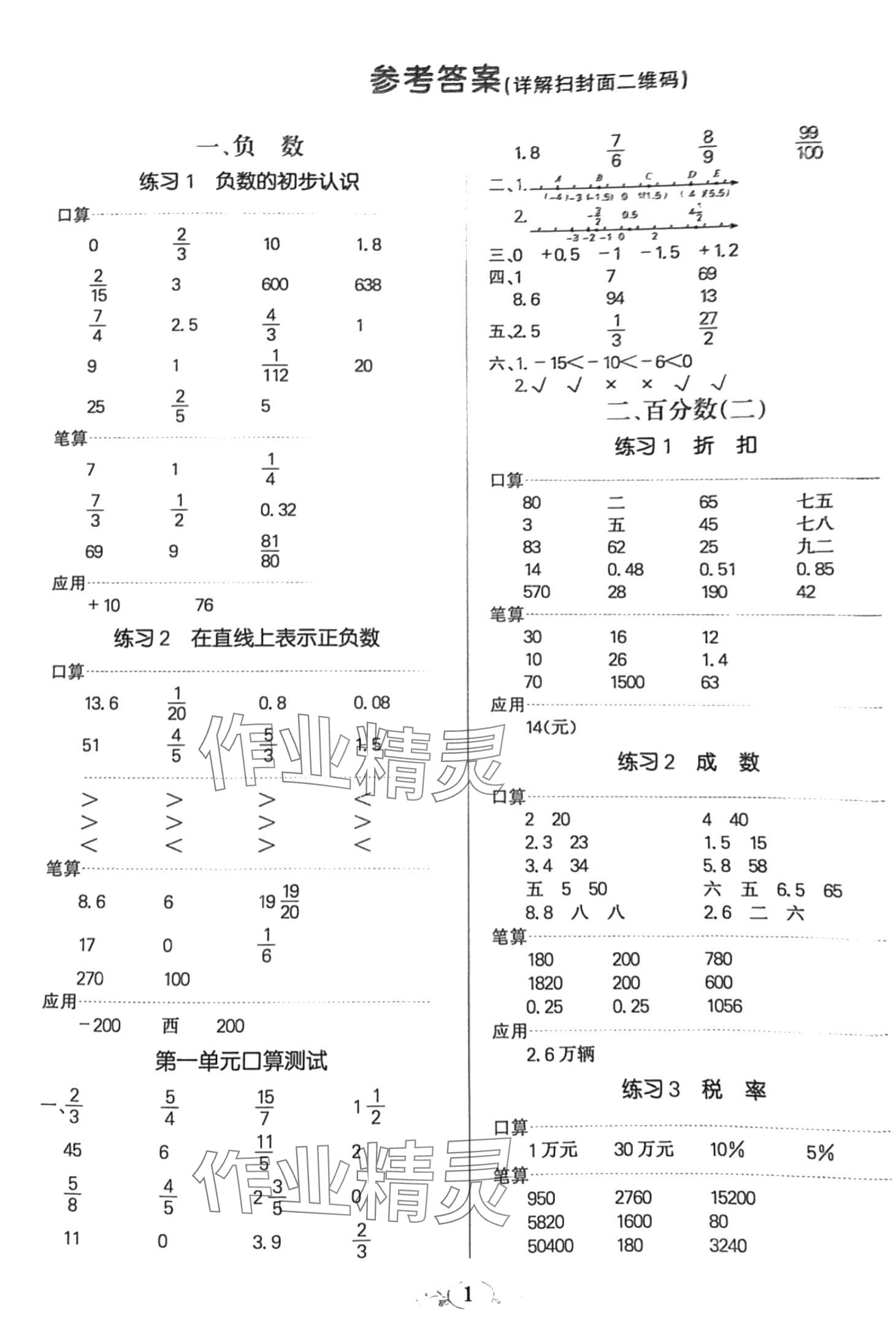 2024年點(diǎn)亮思維同步口算六年級數(shù)學(xué)下冊人教版 第1頁