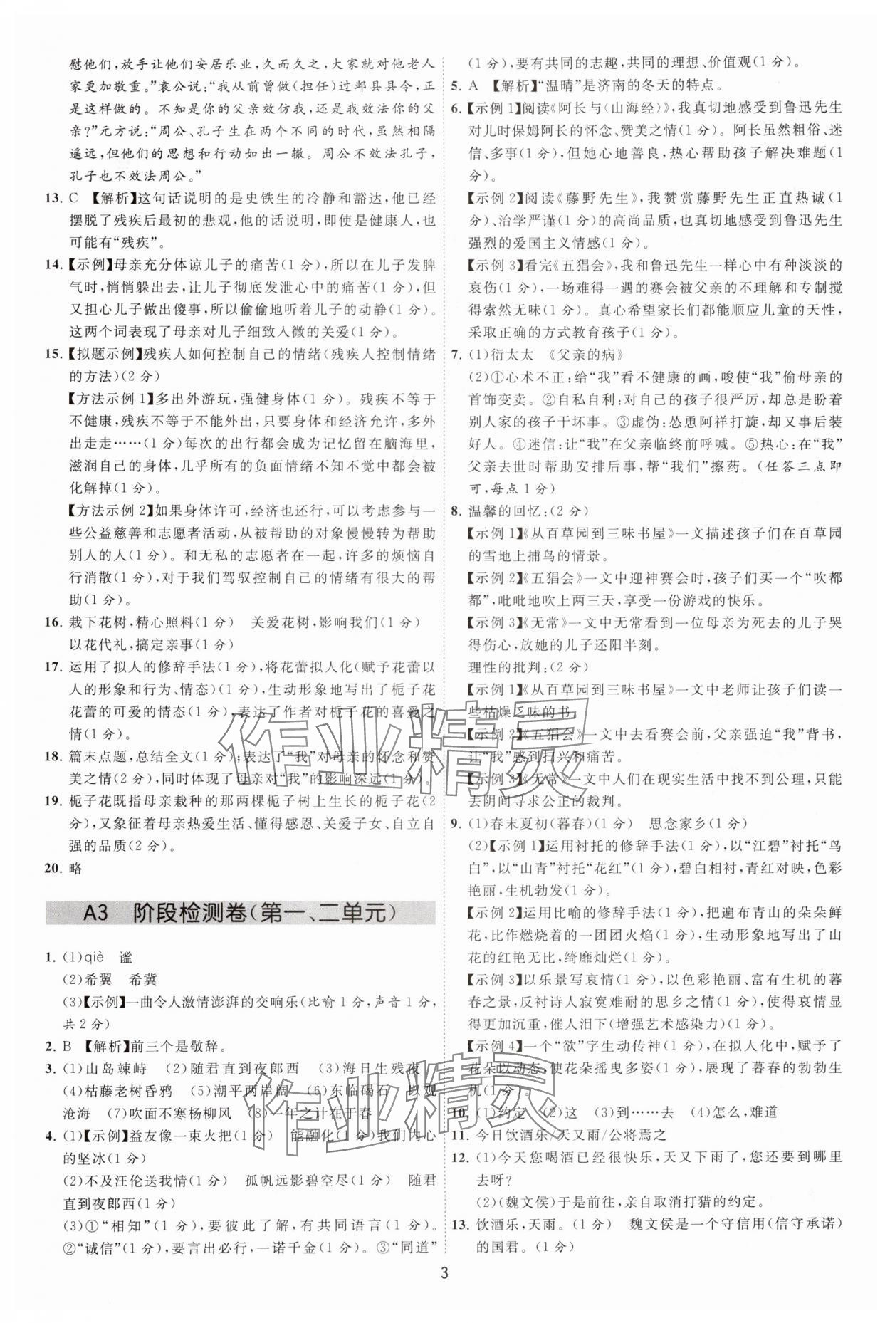 2024年必刷金卷七年级语文上册人教版 参考答案第3页