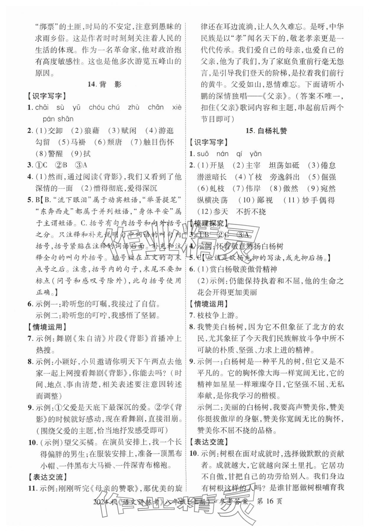 2024年语文讲练考八年级上册人教版 参考答案第16页