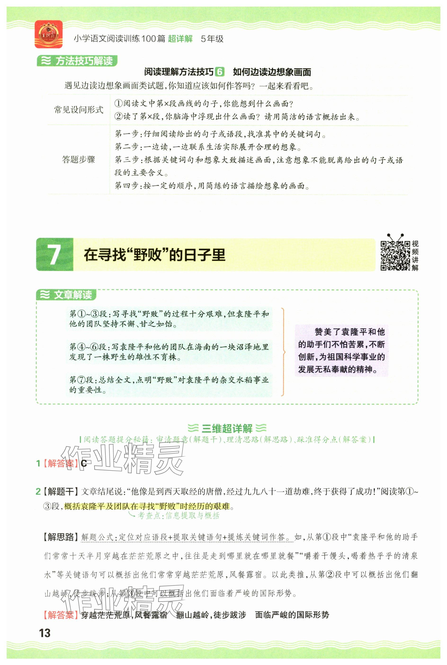 2024年王朝霞小学语文阅读训练100篇五年级 参考答案第13页