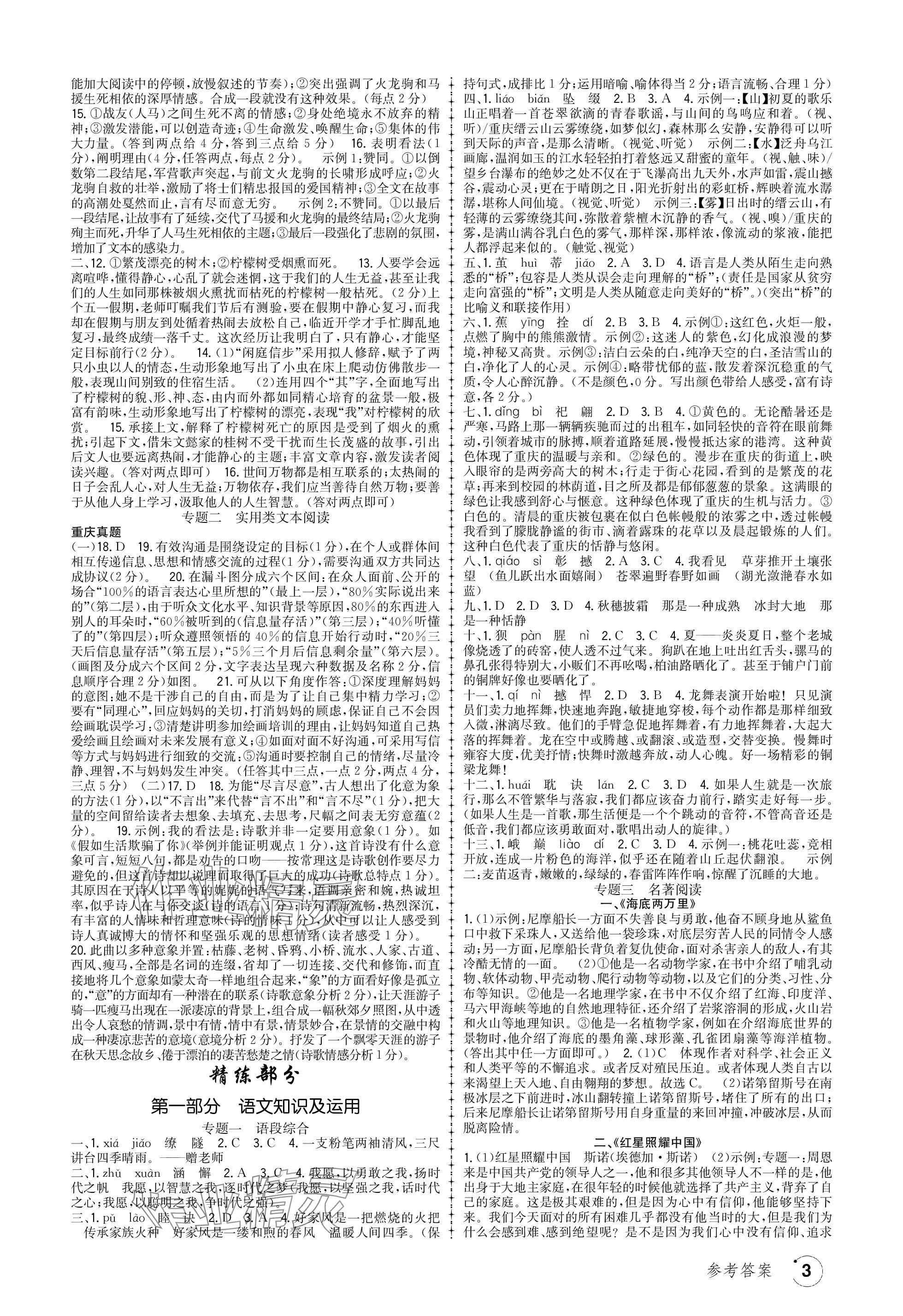 2024年渝行初中總復(fù)習(xí)語文重慶專版 參考答案第3頁