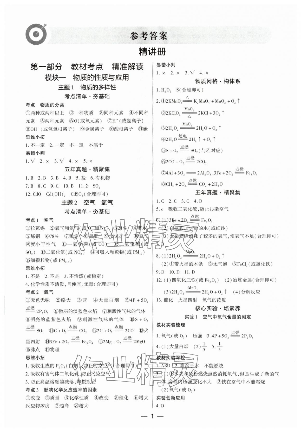 2024年鼎成中考精准提分化学广东专版 参考答案第1页