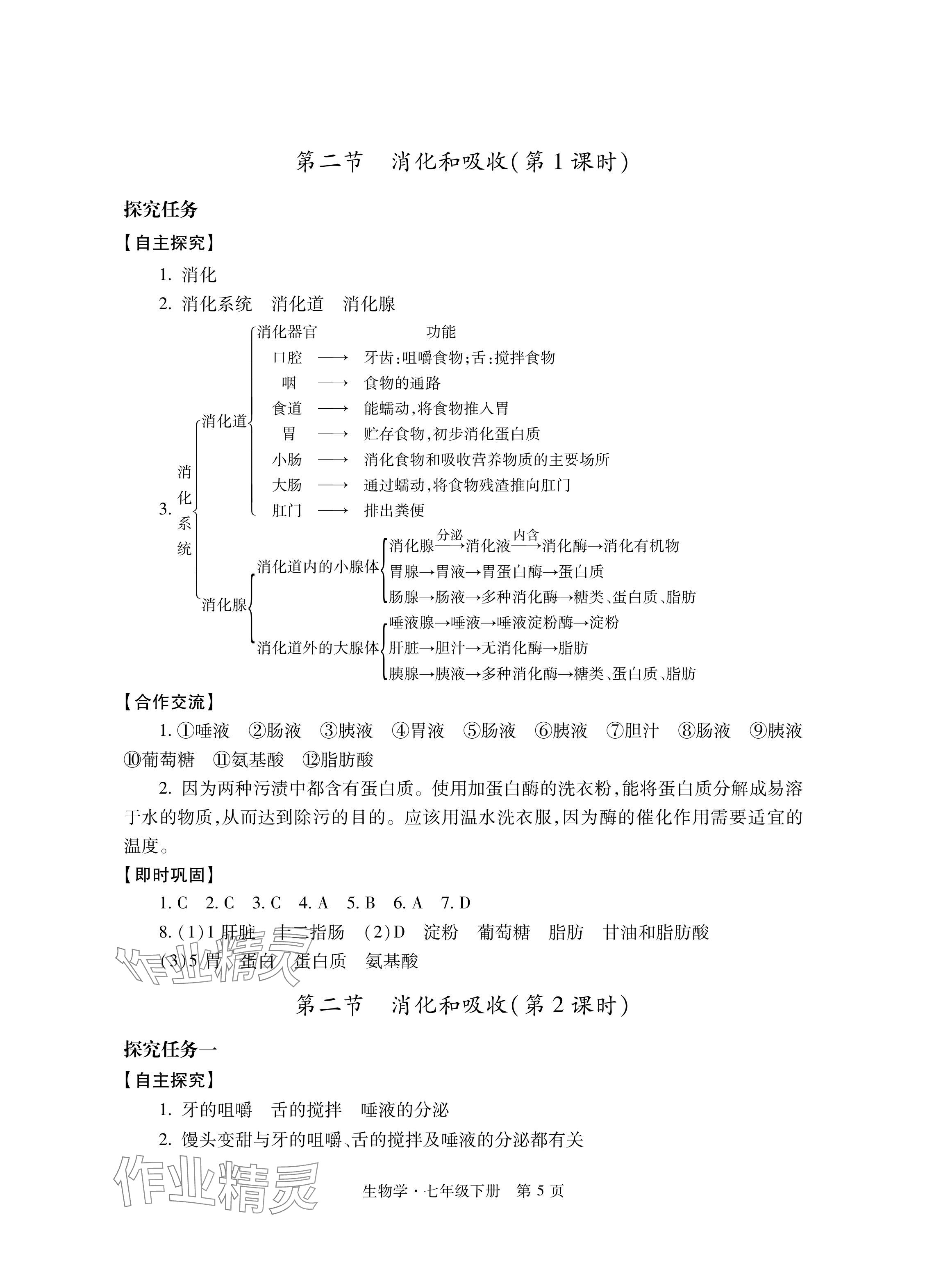 2024年自主学习指导课程与测试七年级生物下册人教版 参考答案第5页