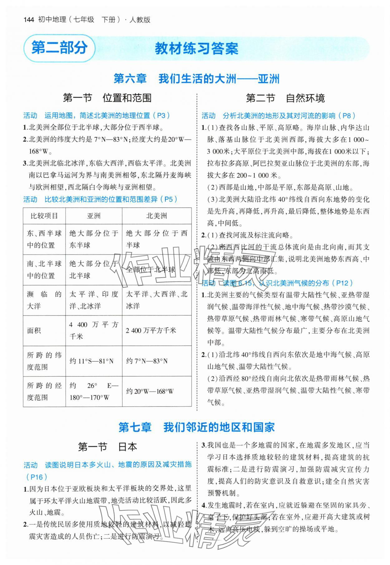 2024年教材課本七年級地理下冊人教版 參考答案第1頁