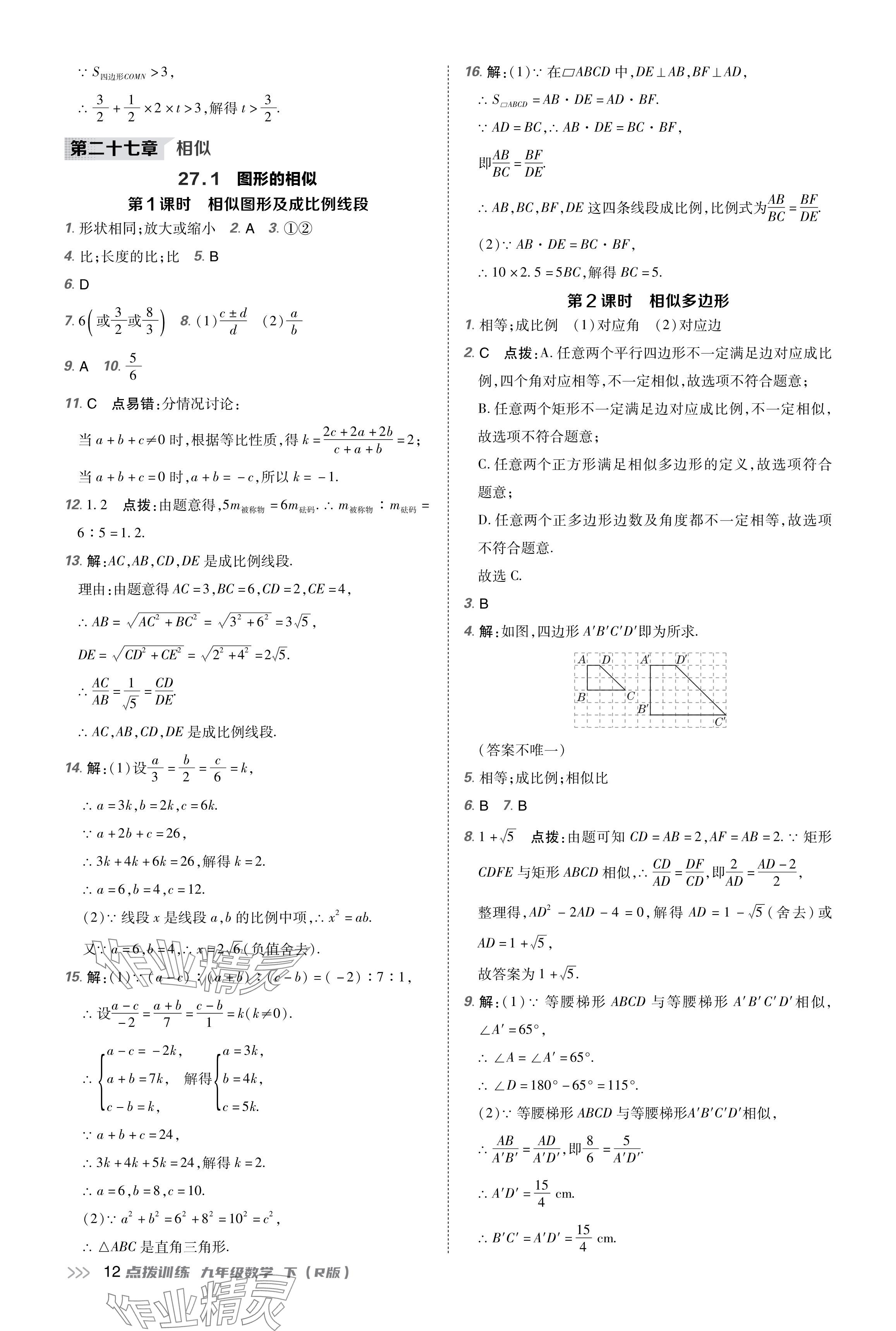 2024年點(diǎn)撥訓(xùn)練九年級(jí)數(shù)學(xué)下冊(cè)人教版 參考答案第12頁(yè)