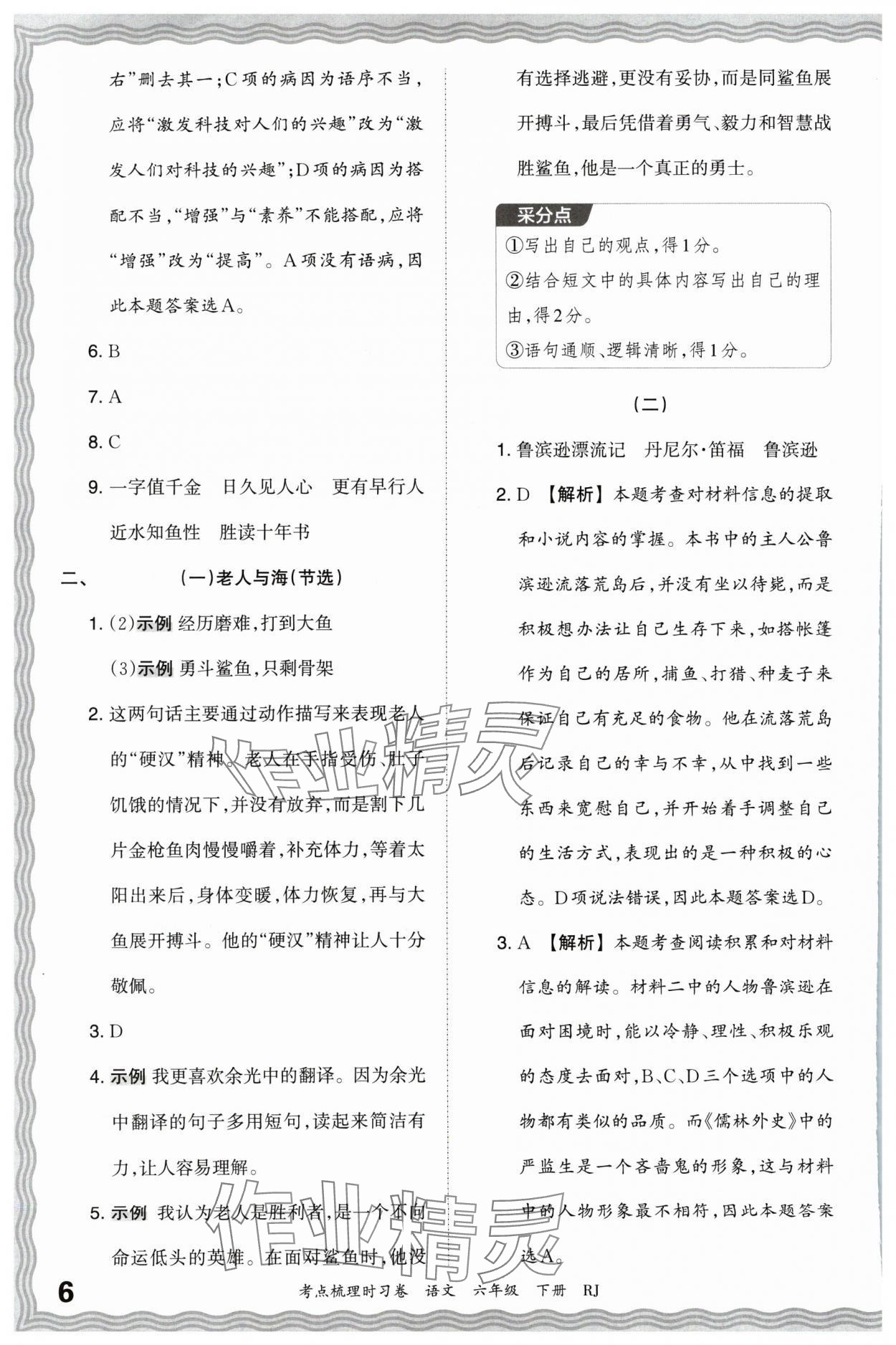 2024年王朝霞考点梳理时习卷六年级语文下册人教版 第6页