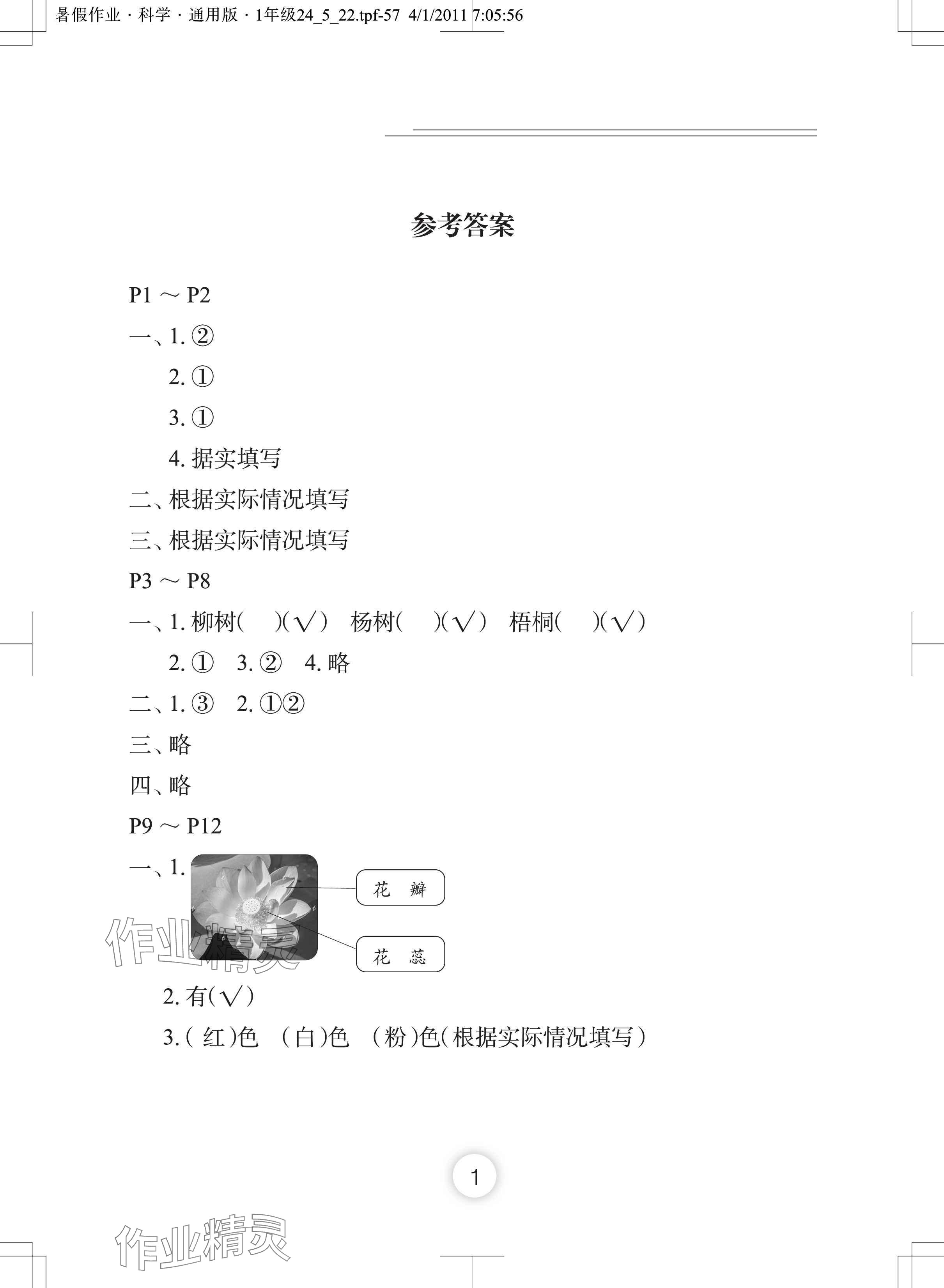 2024年暑假作业长江少年儿童出版社一年级科学 参考答案第1页