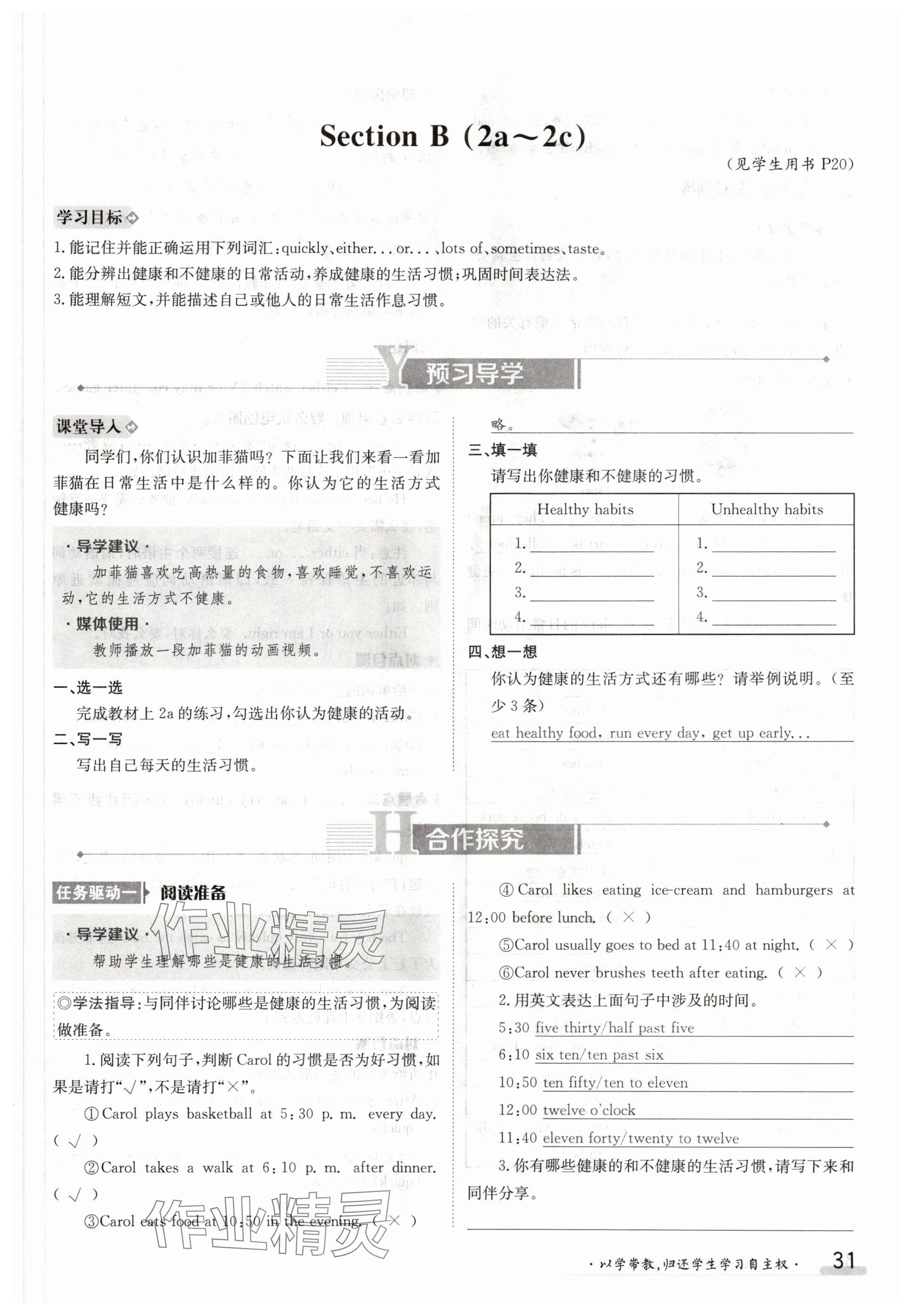 2024年金太阳导学案七年级英语下册人教版 参考答案第31页