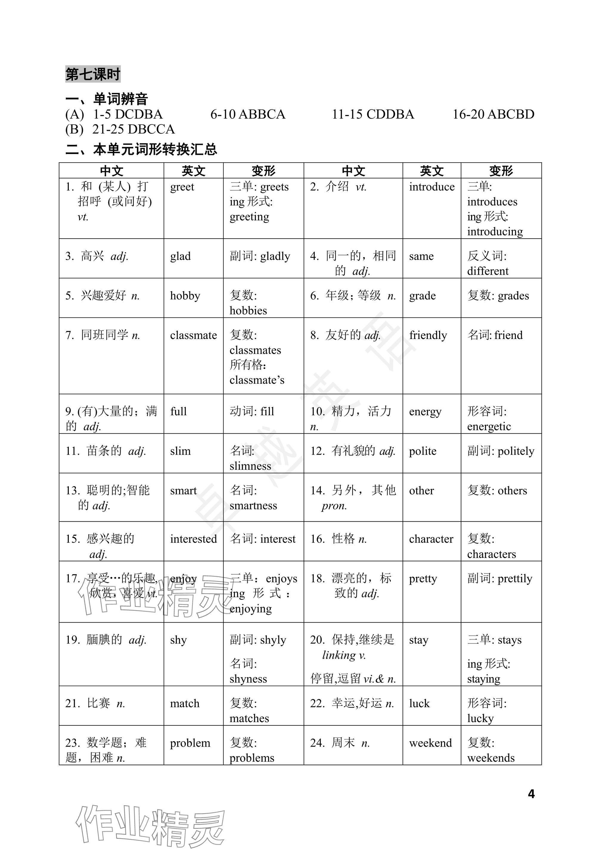 2024年卓越英语七年级上册译林版 参考答案第4页