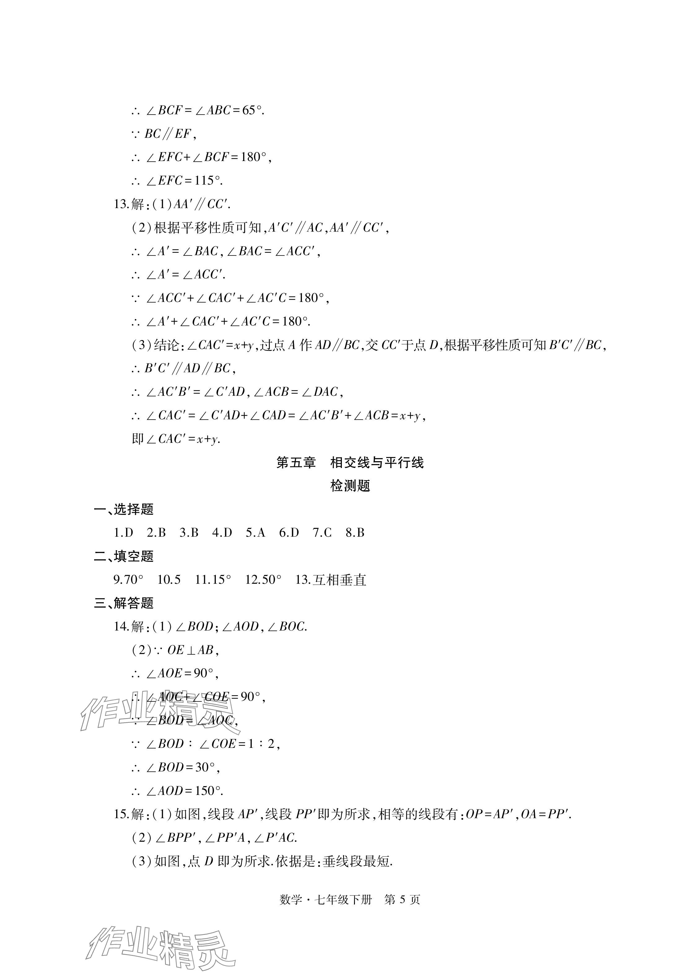 2024年初中同步练习册自主测试卷七年级数学下册人教版 参考答案第5页