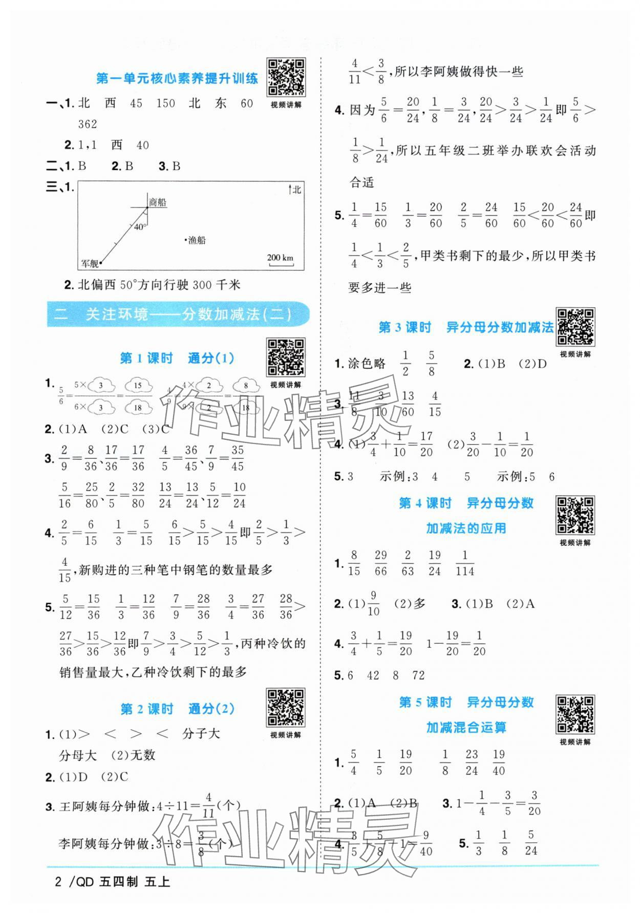 2024年陽光同學(xué)課時(shí)優(yōu)化作業(yè)五年級(jí)數(shù)學(xué)上冊(cè)青島版五四制 參考答案第2頁