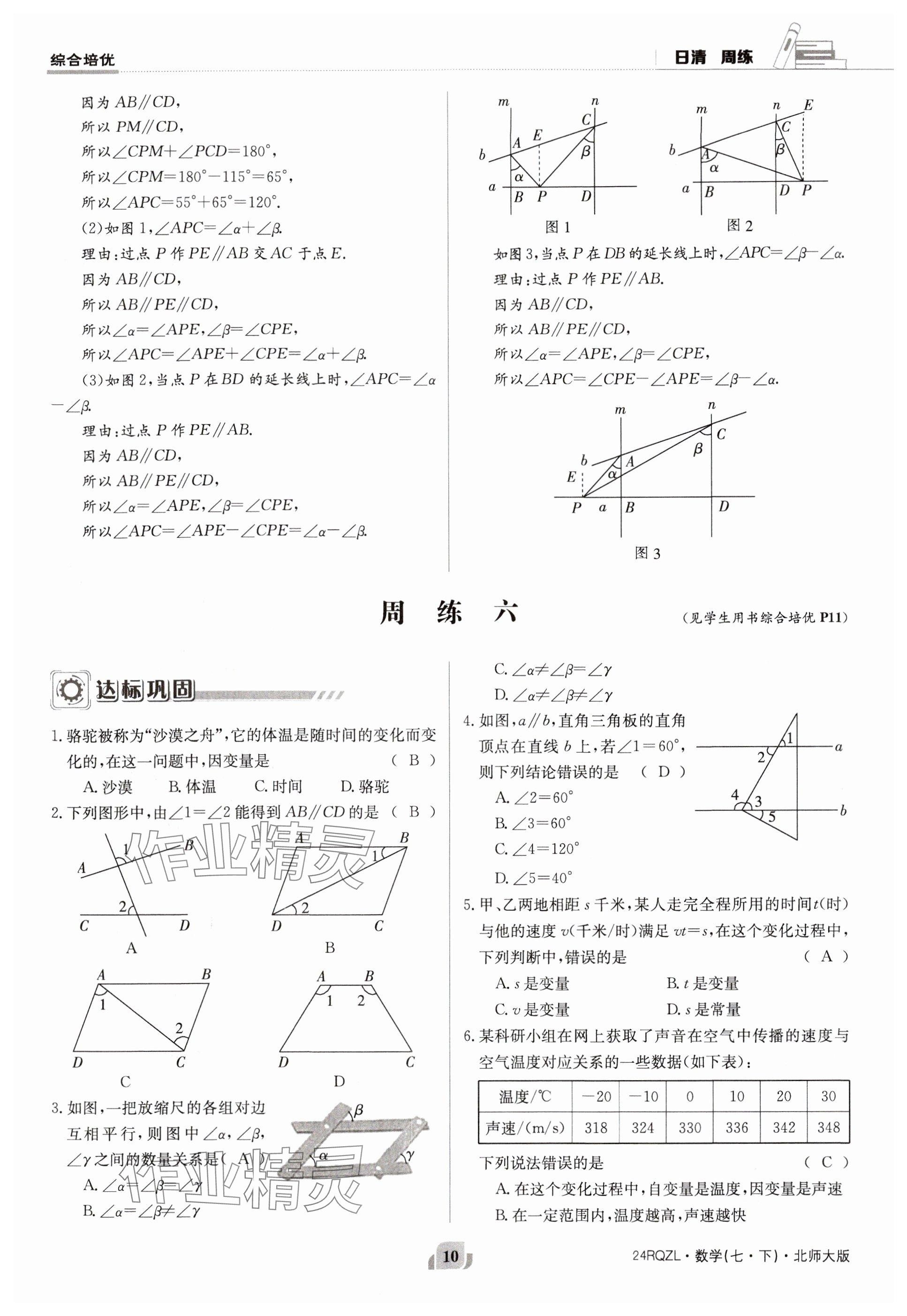 2024年日清周練七年級數(shù)學(xué)下冊北師大版 參考答案第10頁