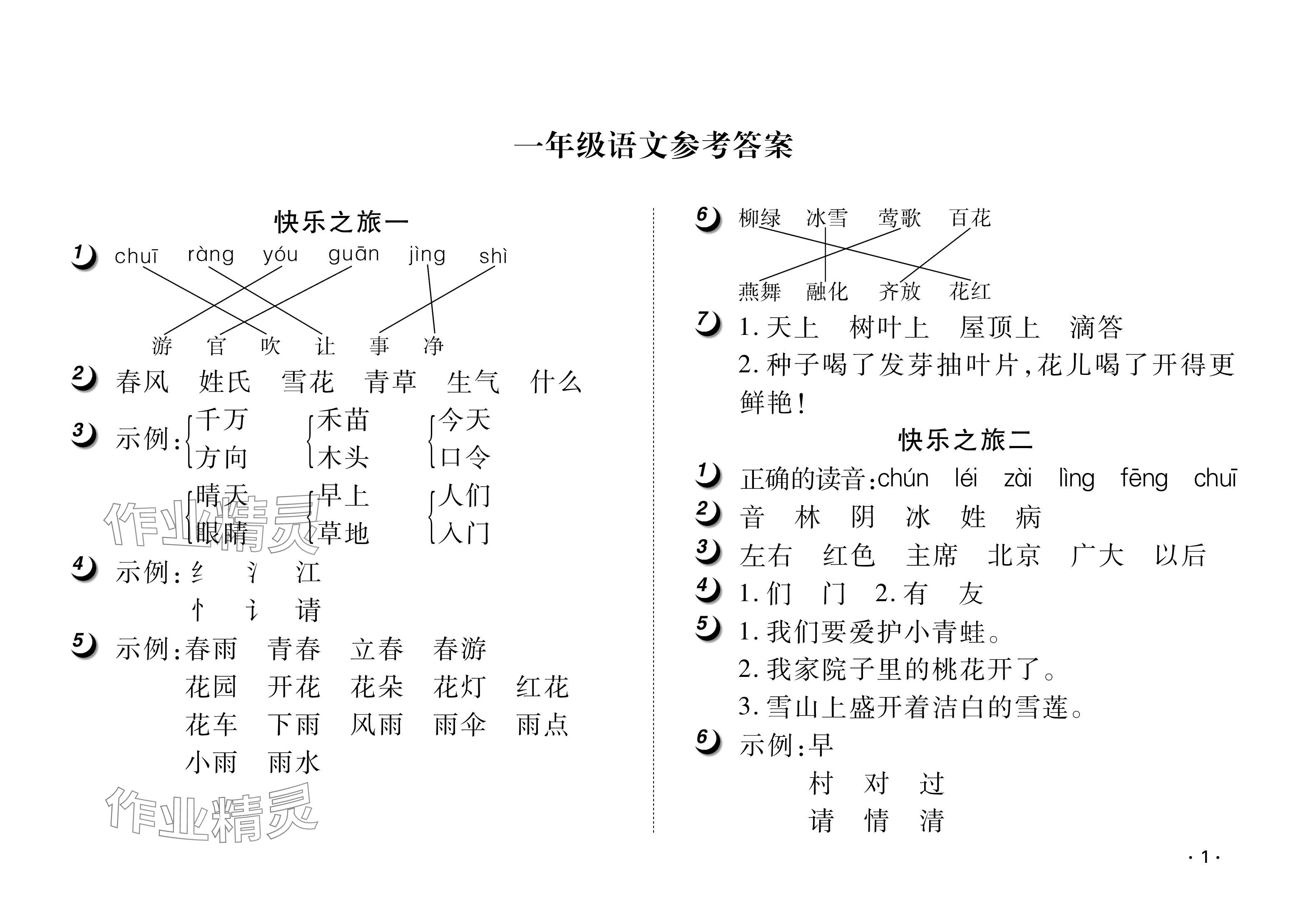 2024年Happy暑假作业快乐暑假武汉大学出版社一年级语文人教版 参考答案第1页