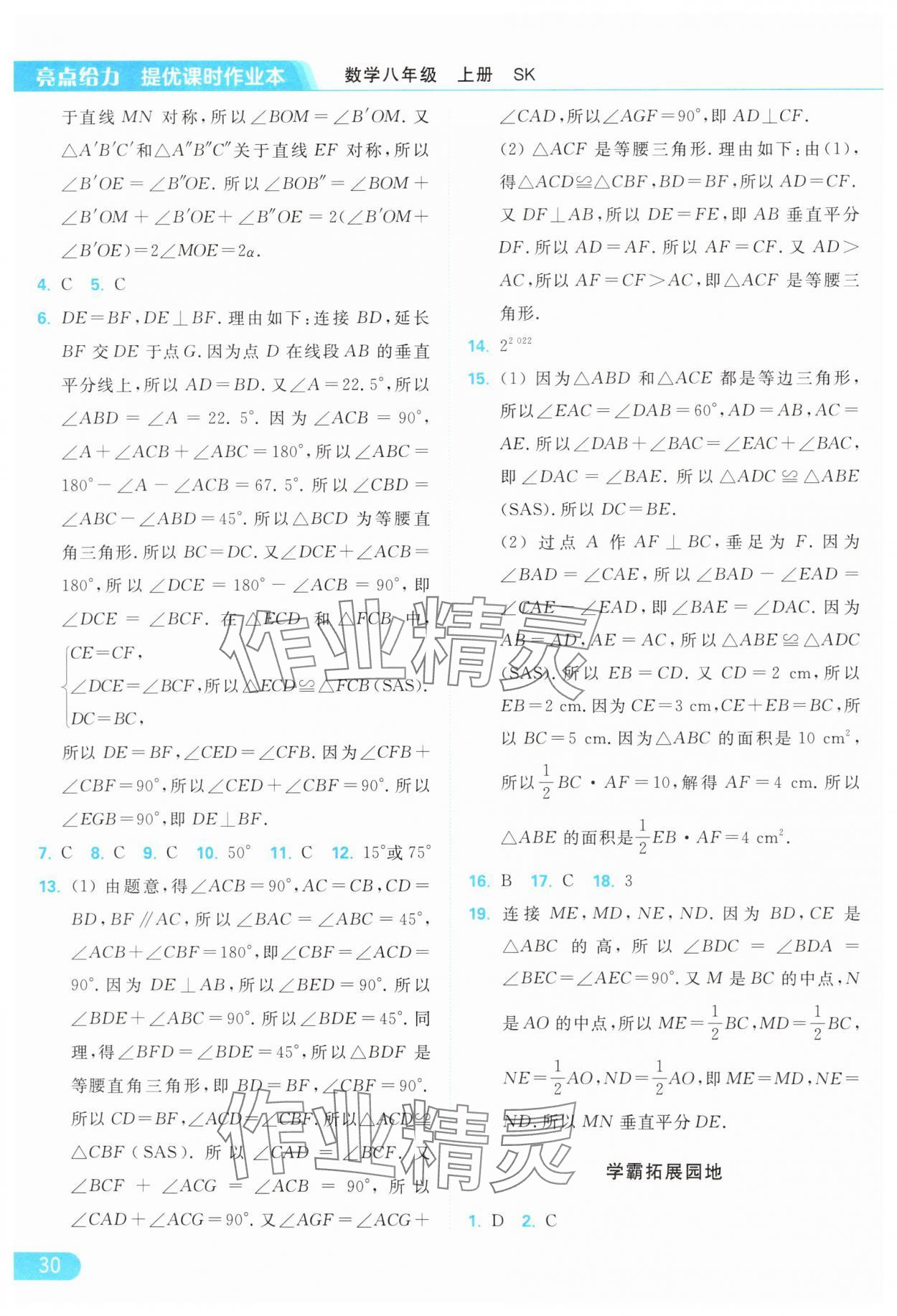 2024年亮点给力提优课时作业本八年级数学上册苏科版 参考答案第30页