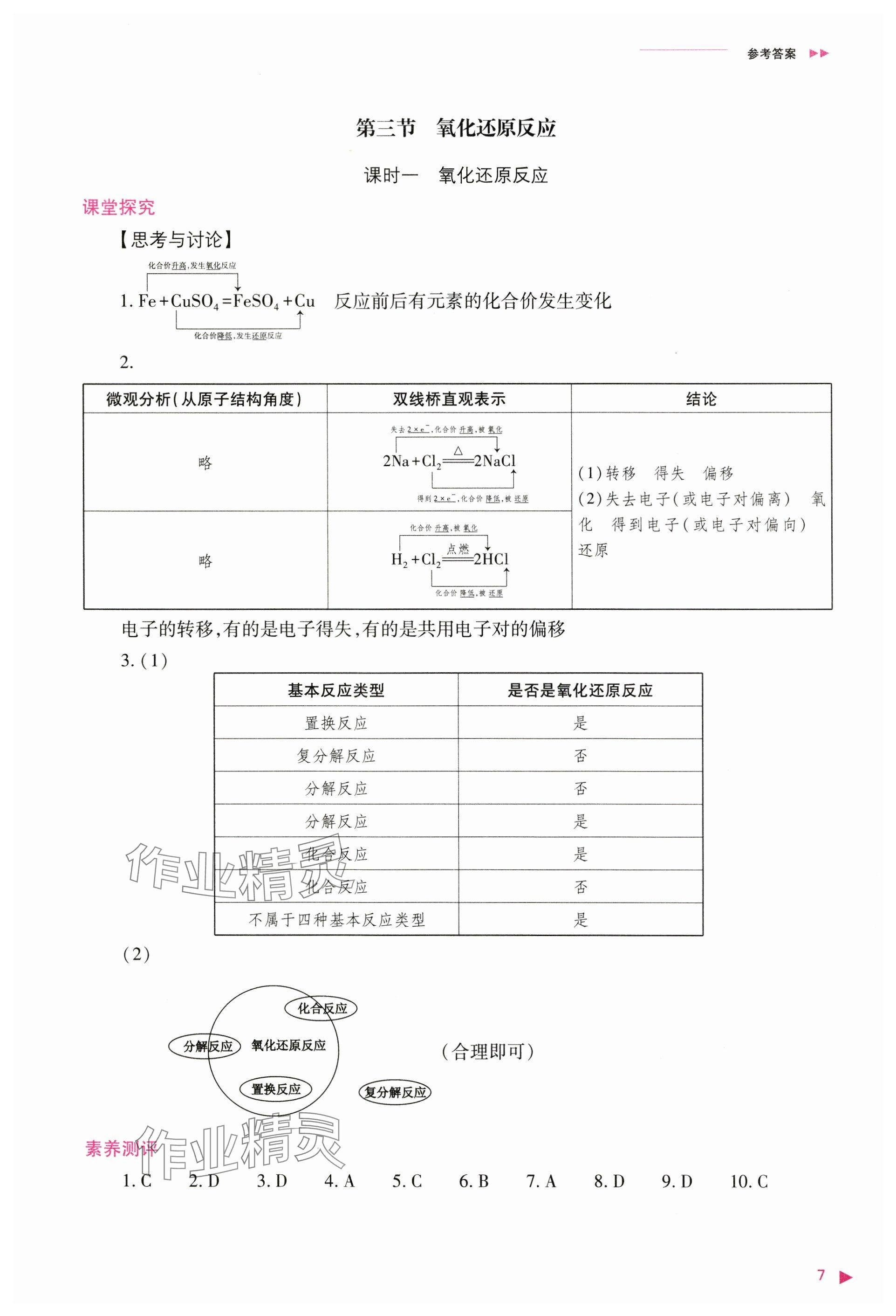 2024年普通高中新課程同步練習(xí)冊高中化學(xué)必修第一冊人教版 參考答案第7頁