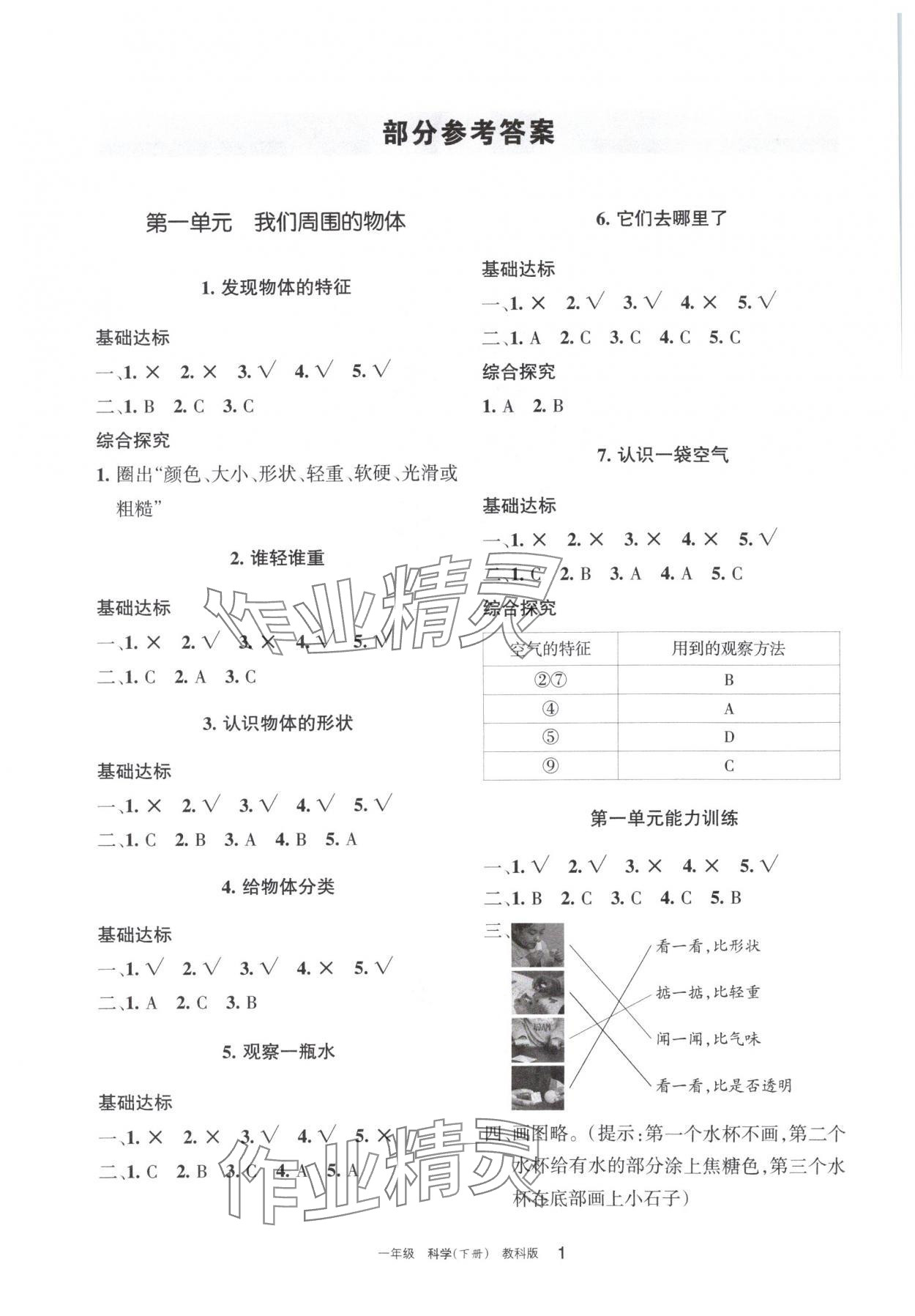 2024年学习之友一年级科学下册教科版 参考答案第1页