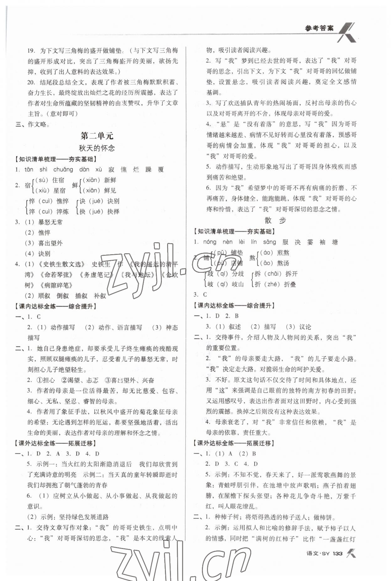 2023年全優(yōu)點練課計劃七年級語文上冊人教版 參考答案第3頁