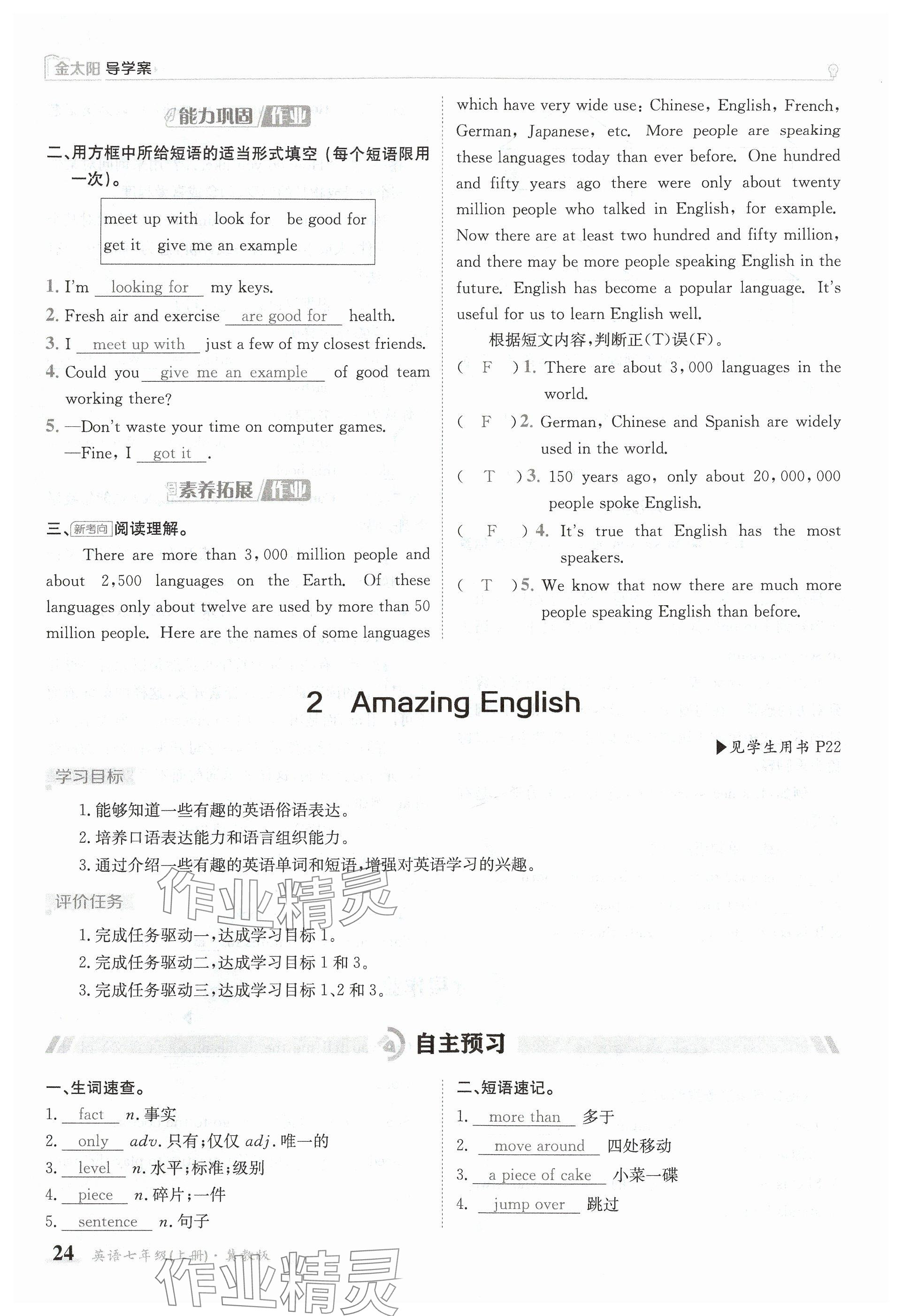 2024年金太陽導學案七年級英語上冊冀教版 參考答案第24頁