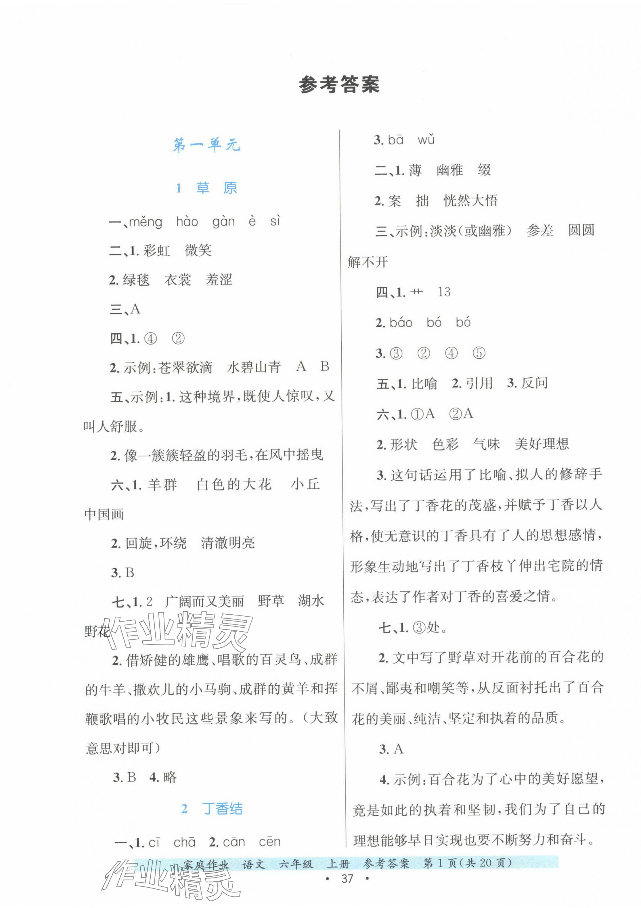 2024年家庭作業(yè)六年級語文上冊人教版 第1頁