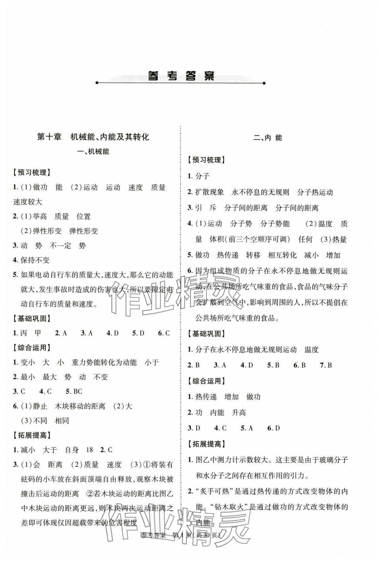 2024年新課程同步學(xué)案九年級(jí)物理全一冊北師大版 參考答案第1頁