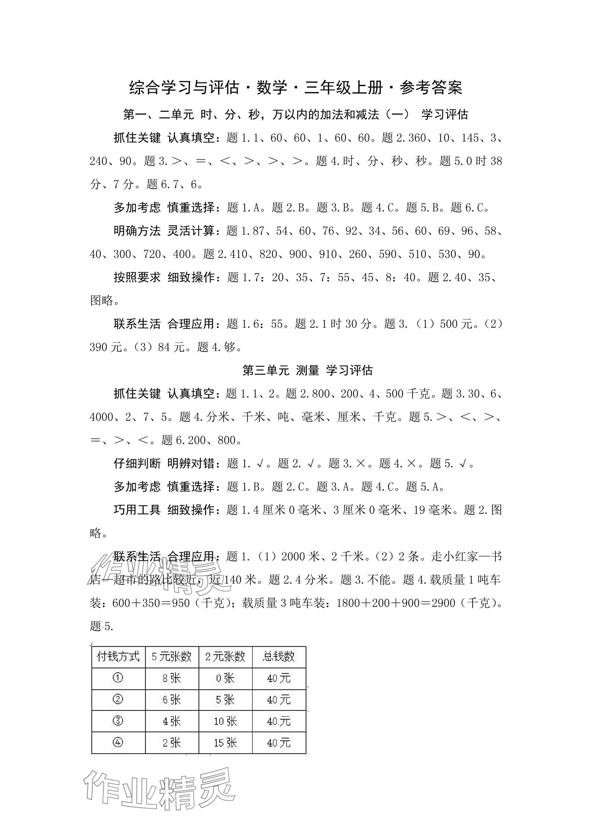 2024年綜合學習與評估三年級數(shù)學上冊人教版 參考答案第1頁