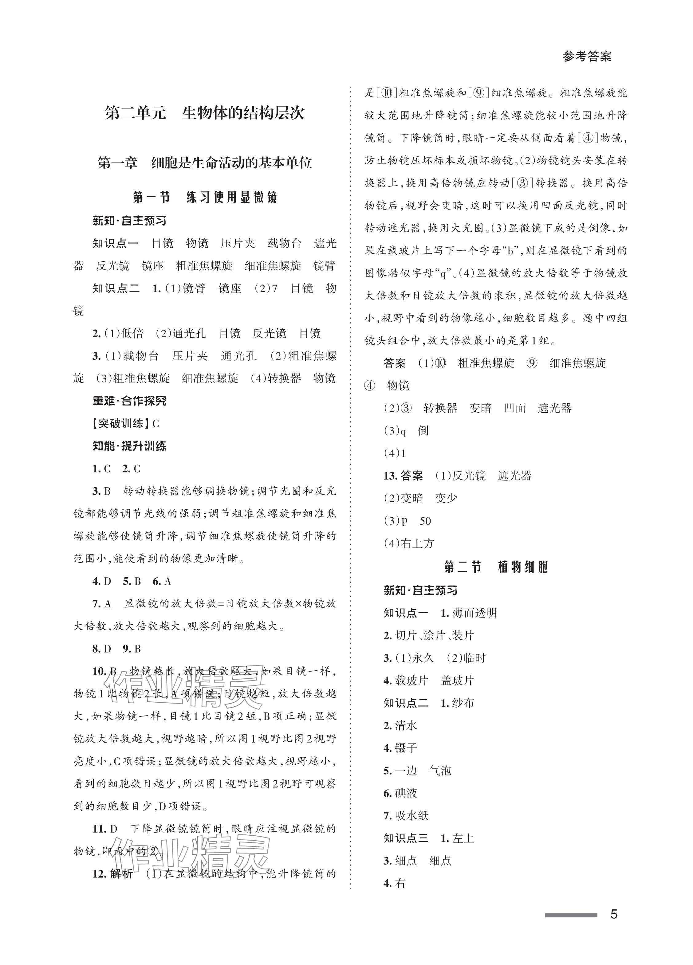 2023年配套綜合練習(xí)甘肅七年級(jí)生物上冊(cè)人教版 參考答案第5頁(yè)