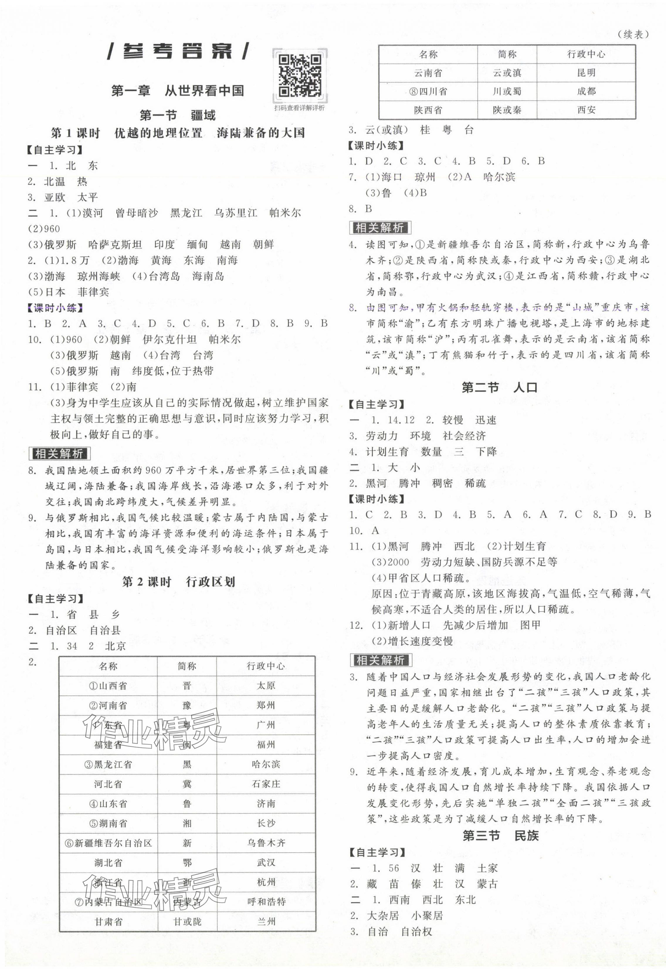 2024年全品學(xué)練考八年級(jí)地理上冊(cè)人教版 參考答案第1頁