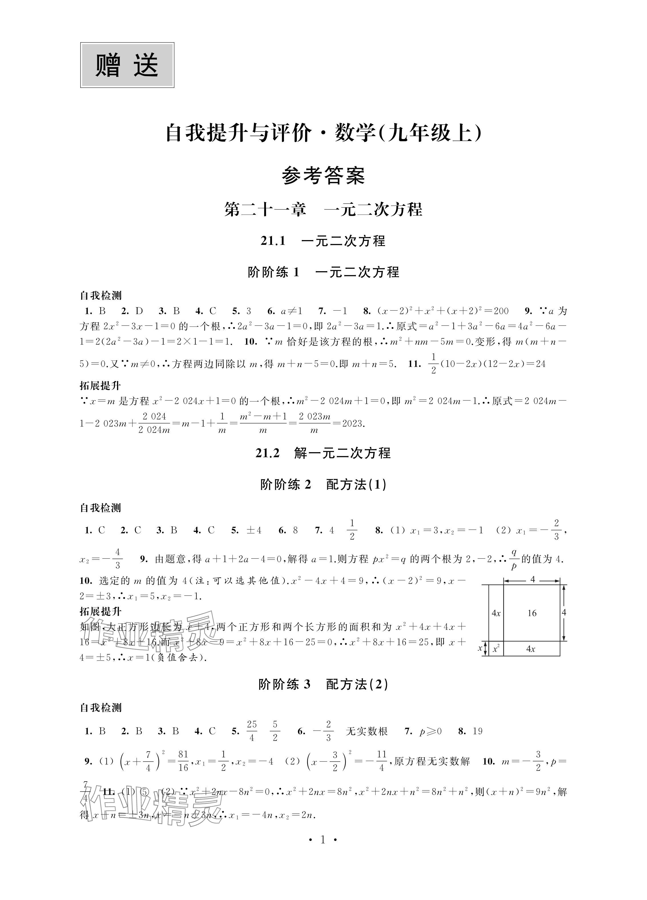 2024年自我提升與評價九年級數(shù)學上冊人教版 參考答案第1頁