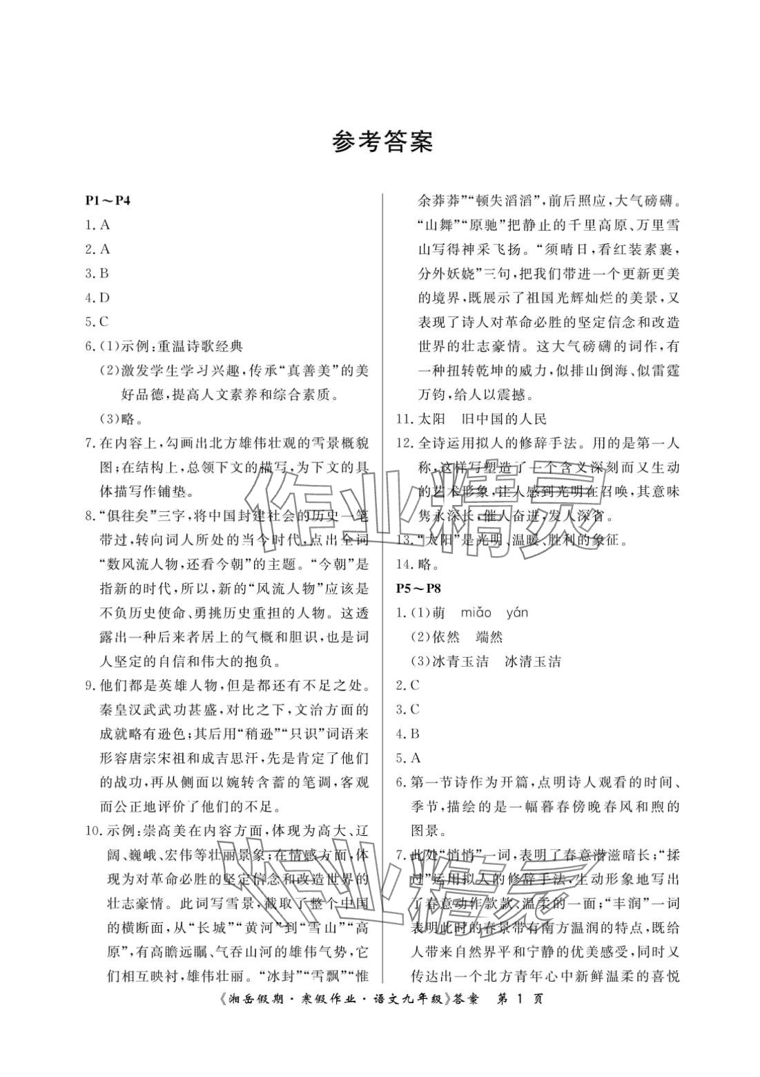 2024年湘岳假期寒假作业九年级语文人教版 第1页