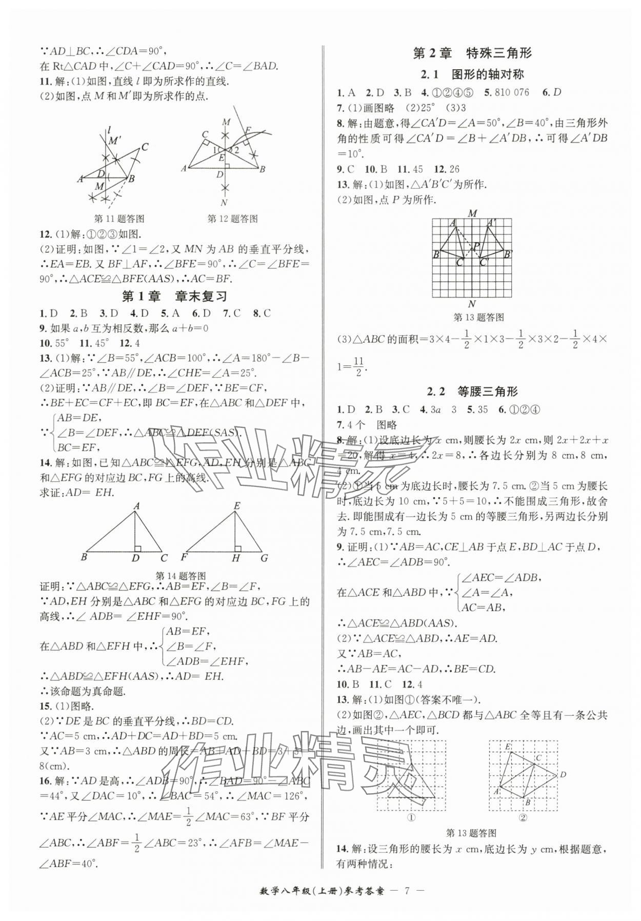 2024年名师金典BFB初中课时优化八年级数学上册浙教版 参考答案第7页